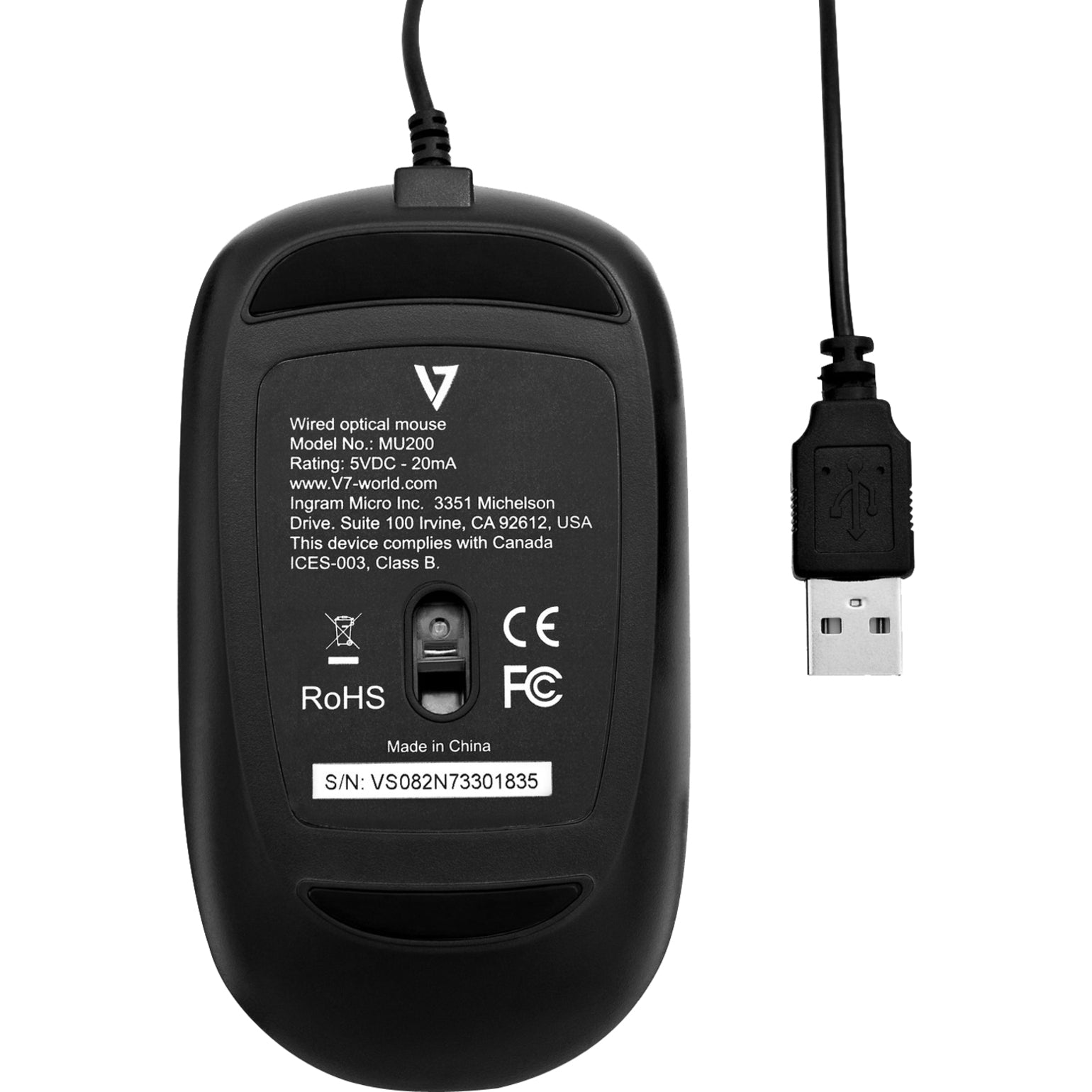 V7 MU200-1N USB Wired Optical Mouse, Symmetrical Design, 1600 DPI, 4 Buttons, Black