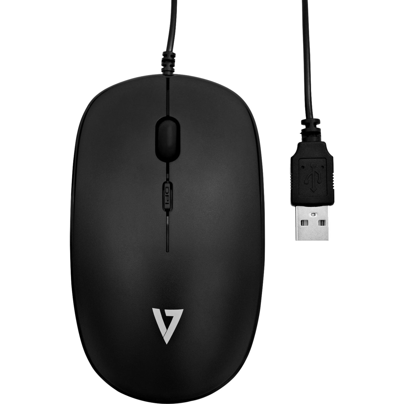 V7 MU200-1N USB Wired Optical Mouse, Symmetrical Design, 1600 DPI, 4 Buttons, Black