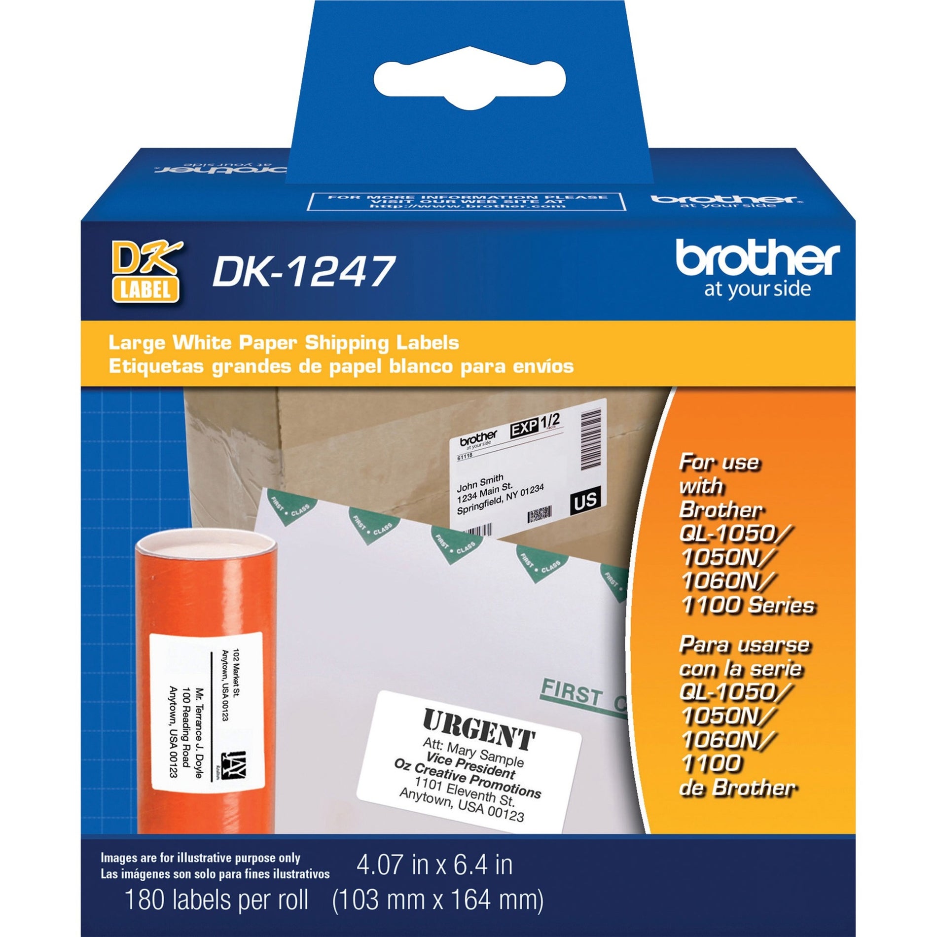 Brother DK1247 Shipping Label, Die-cut, 4 1/16" x 6 2/5", 180 Labels per Roll