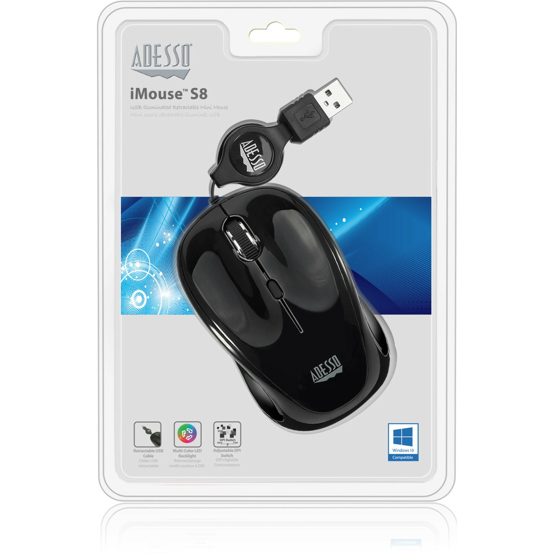 Adesso IMOUSE S8B USB Illuminated Retractable Mini Mouse, Ergonomic Fit, 1600 DPI, Symmetrical Design