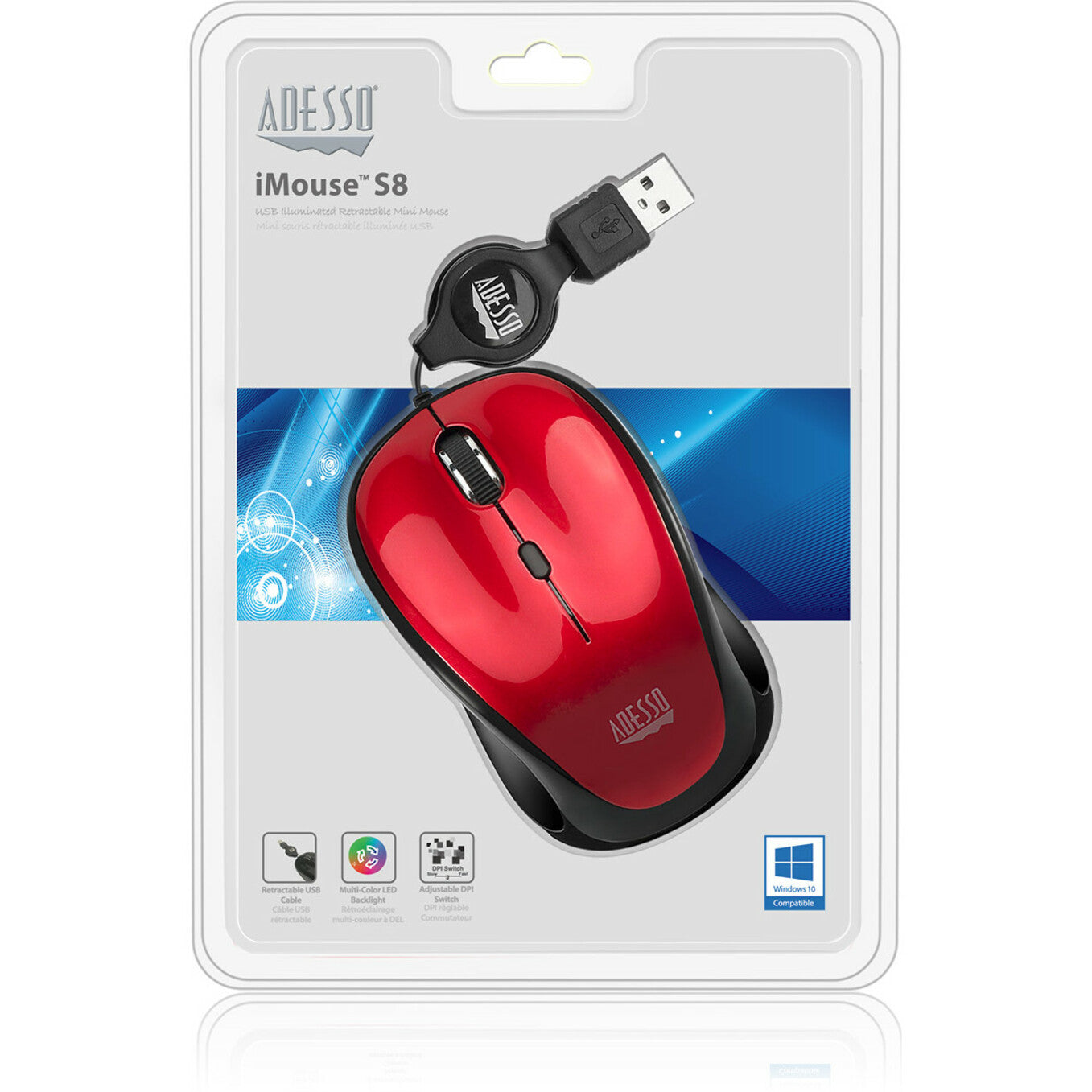 Adesso IMOUSE S8R USB Illuminated Retractable Mini Mouse, Red, Ergonomic Fit, 1600 DPI
