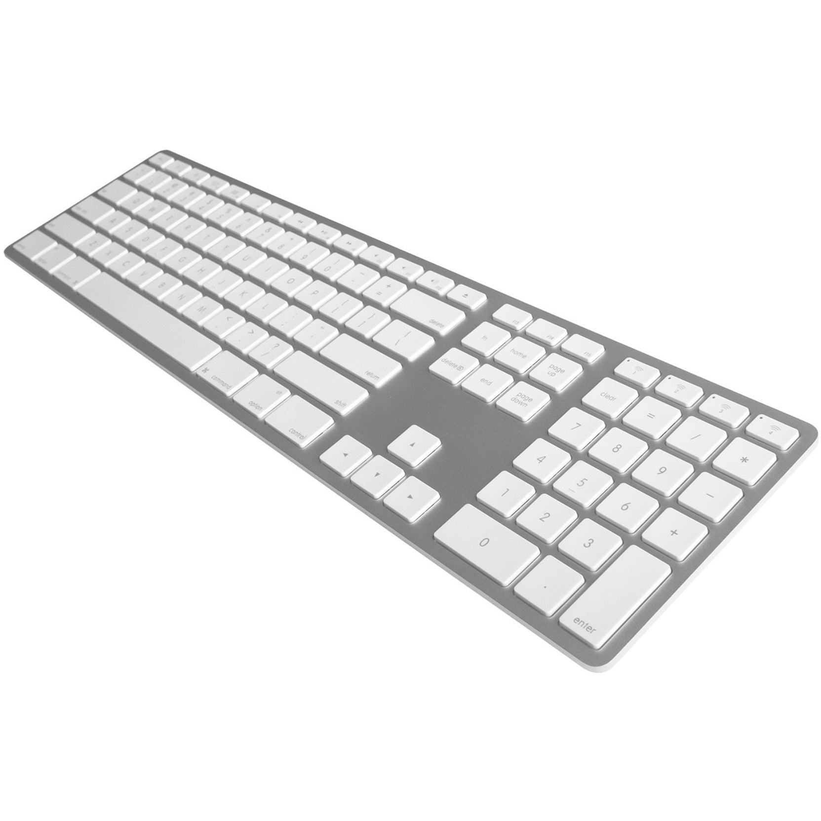 Matias Wireless Aluminum Keyboard in silver with white keys and numeric keypad, shown at an angle-alternate-image1