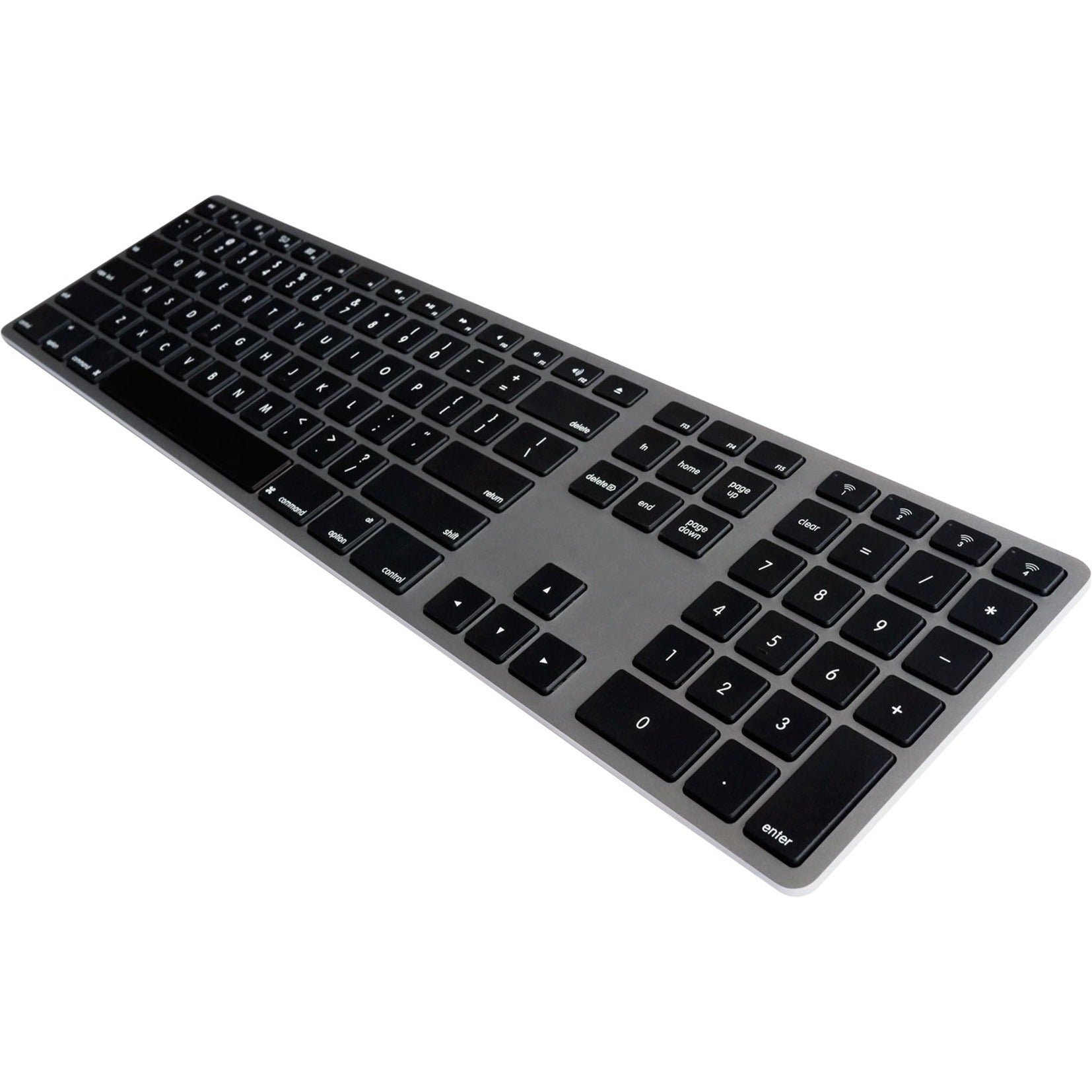 Matias Wireless Aluminum Keyboard in space gray featuring full-size layout with numeric keypad, viewed from an angled perspective-alternate-image1