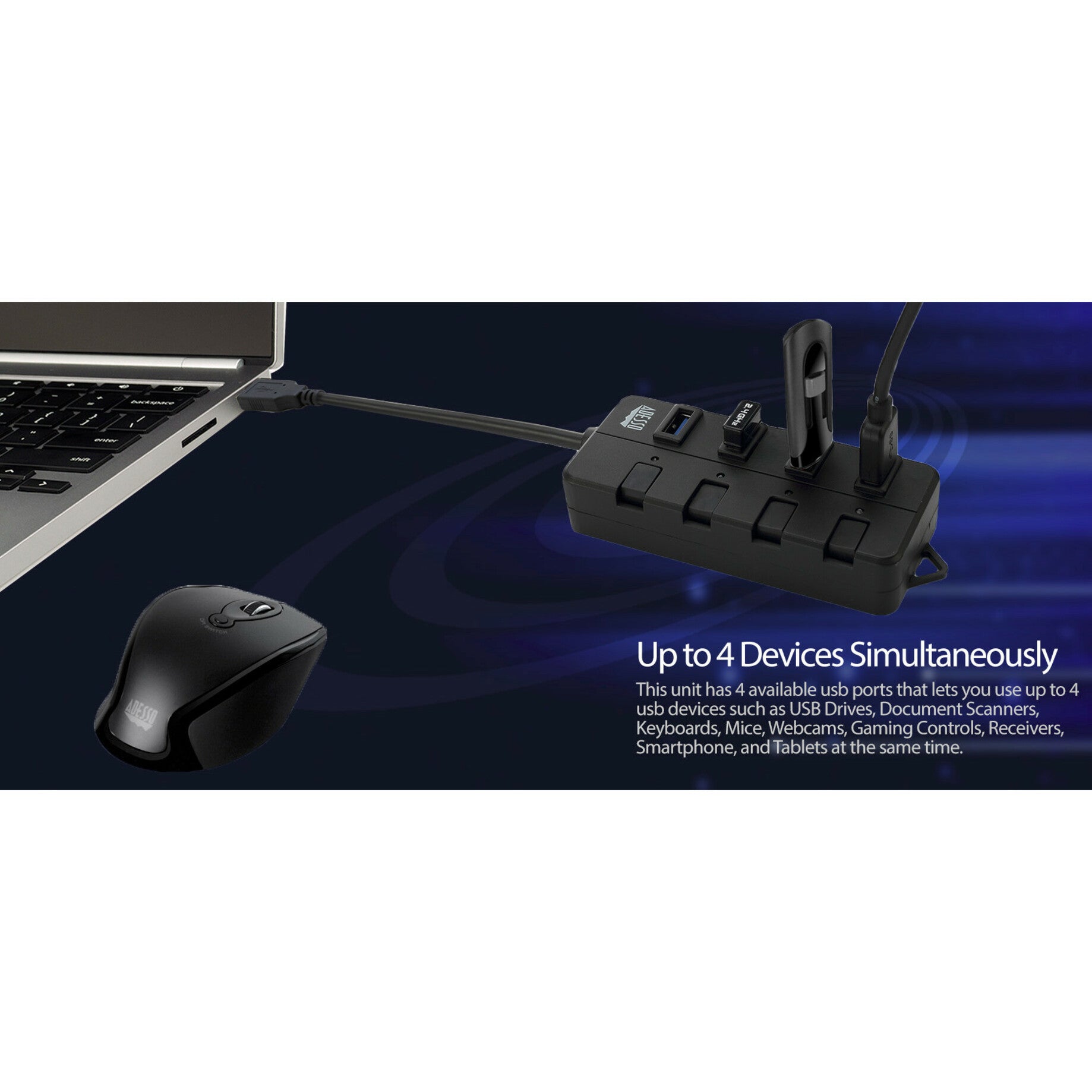 Adesso AUH-3040 4-ports USB 3.0 Hub, Expand Your USB Connectivity Effortlessly