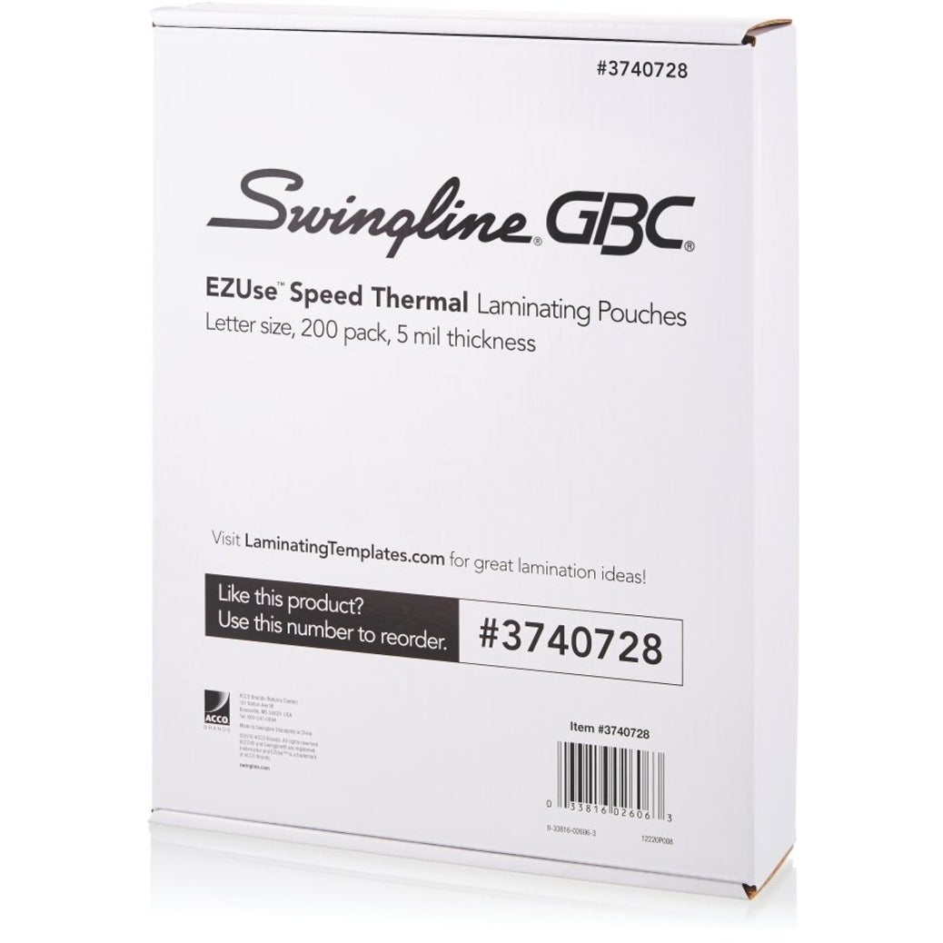 Swingline GBC 3740728 EZUse Thermal Laminating Pouches, 200 Pack, Durable, UV Resistant, Glossy, 5 mil