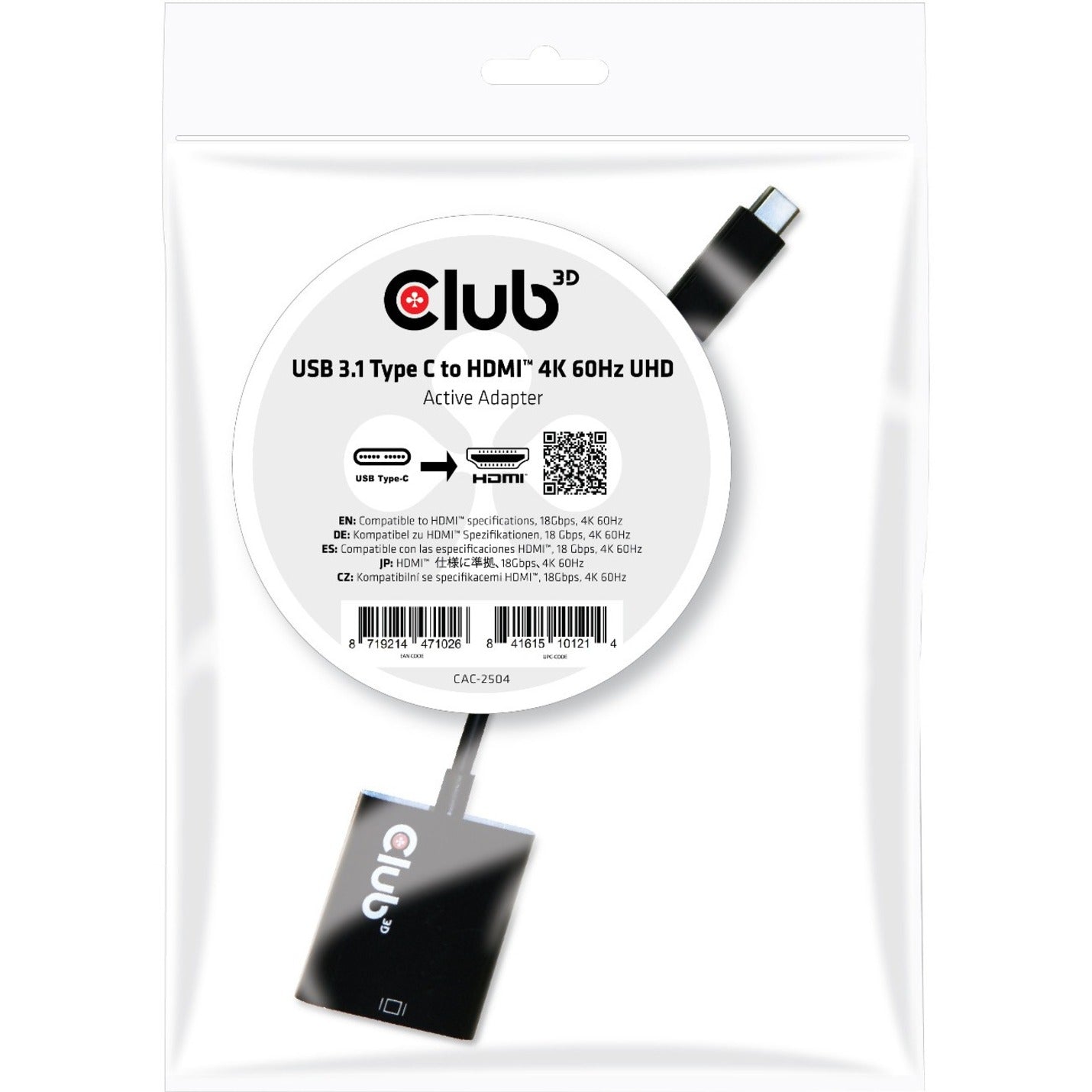 Club 3D CAC-2504 USB C to HDMI 2.0 DisplayPort Alt Mode UHD 4K 60Hz Adapter, Mac Compatible