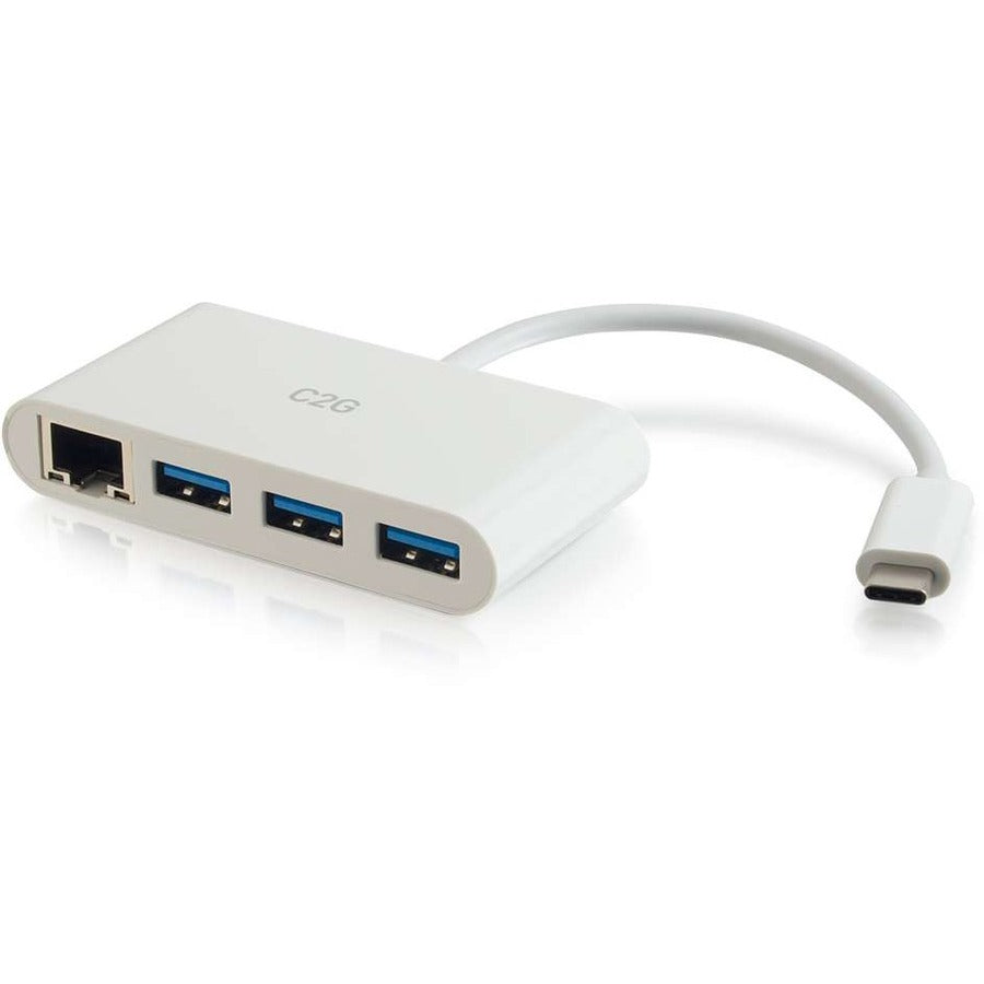 C2G 29746 USB C to GbE Ethernet + USB A Multiport Adapter Hub - Type-C, White, 3-Port USB Hub