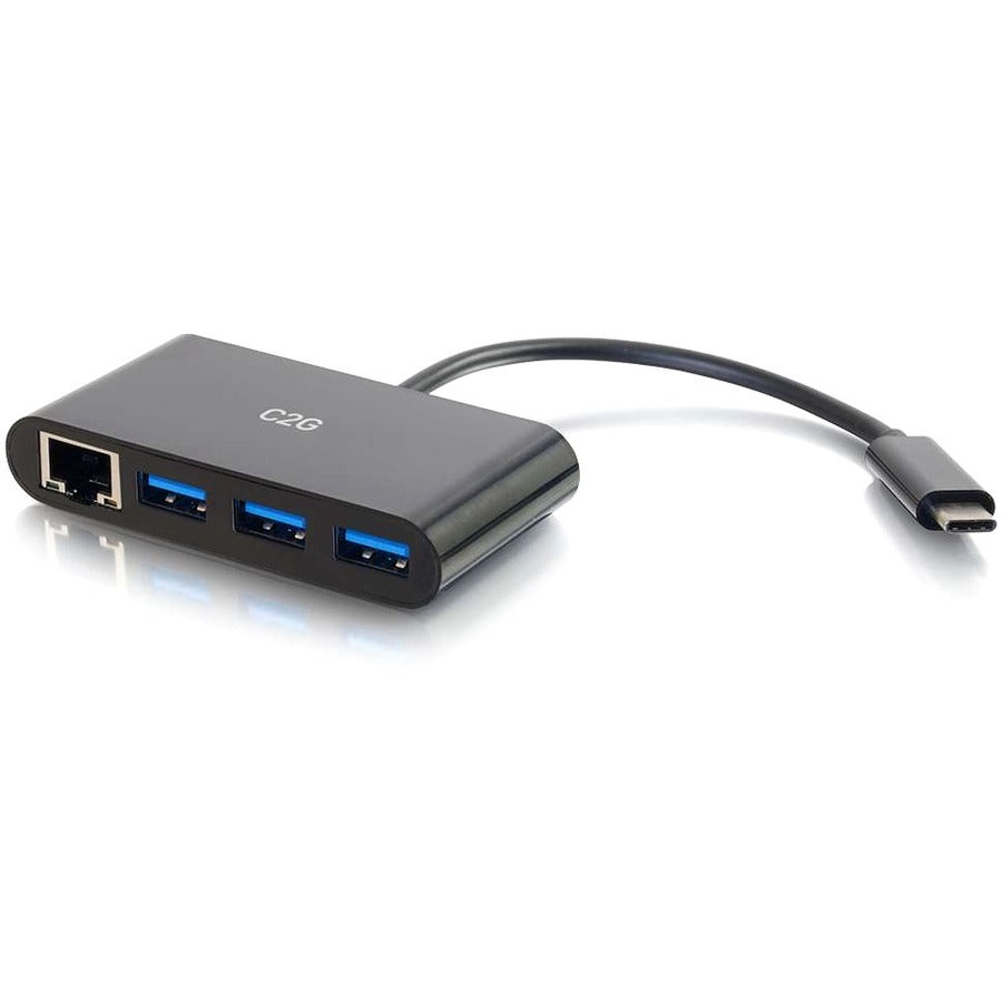 C2G 29747 USB C to GbE Ethernet + USB A Multiport Adapter Hub - Type-C - Black, 3-Port USB Hub with Ethernet