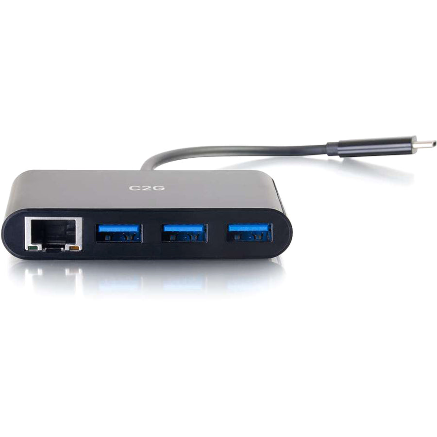 C2G 29747 USB C to GbE Ethernet + USB A Multiport Adapter Hub - Type-C - Black, 3-Port USB Hub with Ethernet