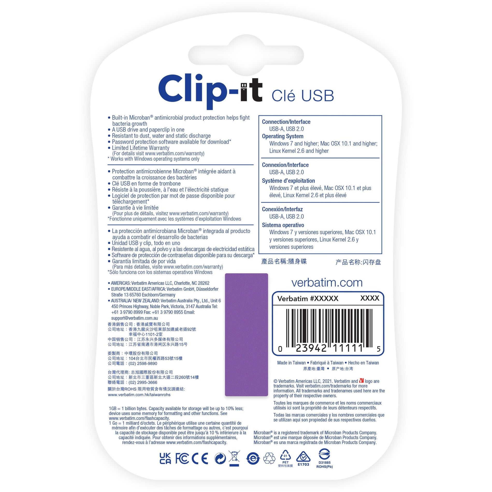 Microban 43952 Clip-it USB Flash Drive, Violet, 16GB - Lifetime Warranty