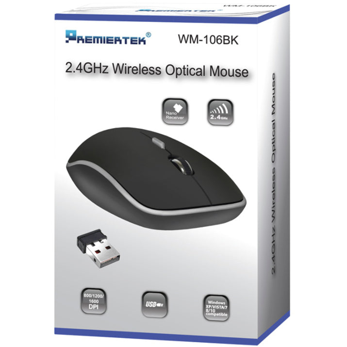 Premiertek WM-106BK Mouse, Wireless Optical Scroll Wheel, 1600 dpi