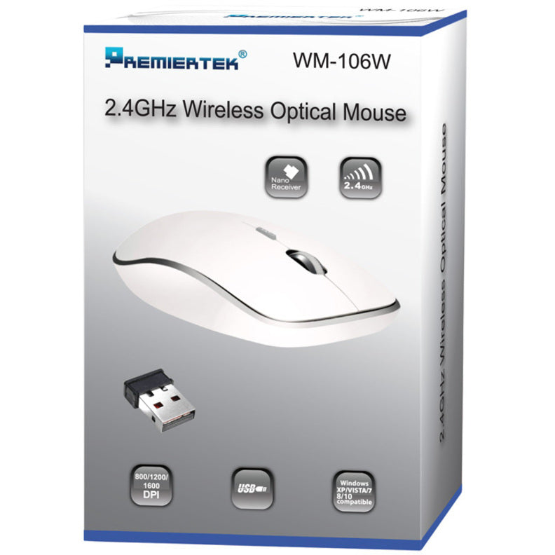 Premiertek WM-106W Mouse, Wireless Optical Scroll Wheel, 1600 dpi, White