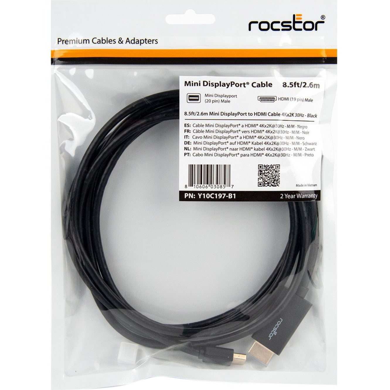 Rocstor Y10C197-B1 HDMI/Mini DisplayPort Audio/Video Cable, 10ft, 4Kx2K 30Hz, Black