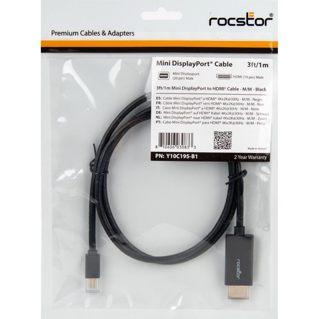 Rocstor Y10C195-B1 HDMI/Mini DisplayPort Audio/Video Cable, 3ft, 4Kx2K 30Hz, Black