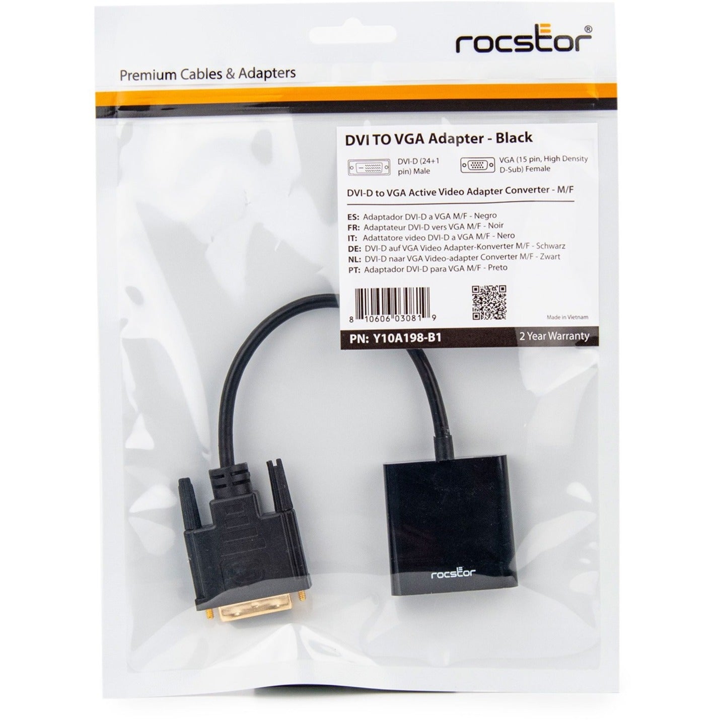 Rocstor Y10A198-B1 Premium DVI-D to VGA Active Adapter Converter Cable - 1920x1200, Gold-Plated Connectors, 2-Year Warranty