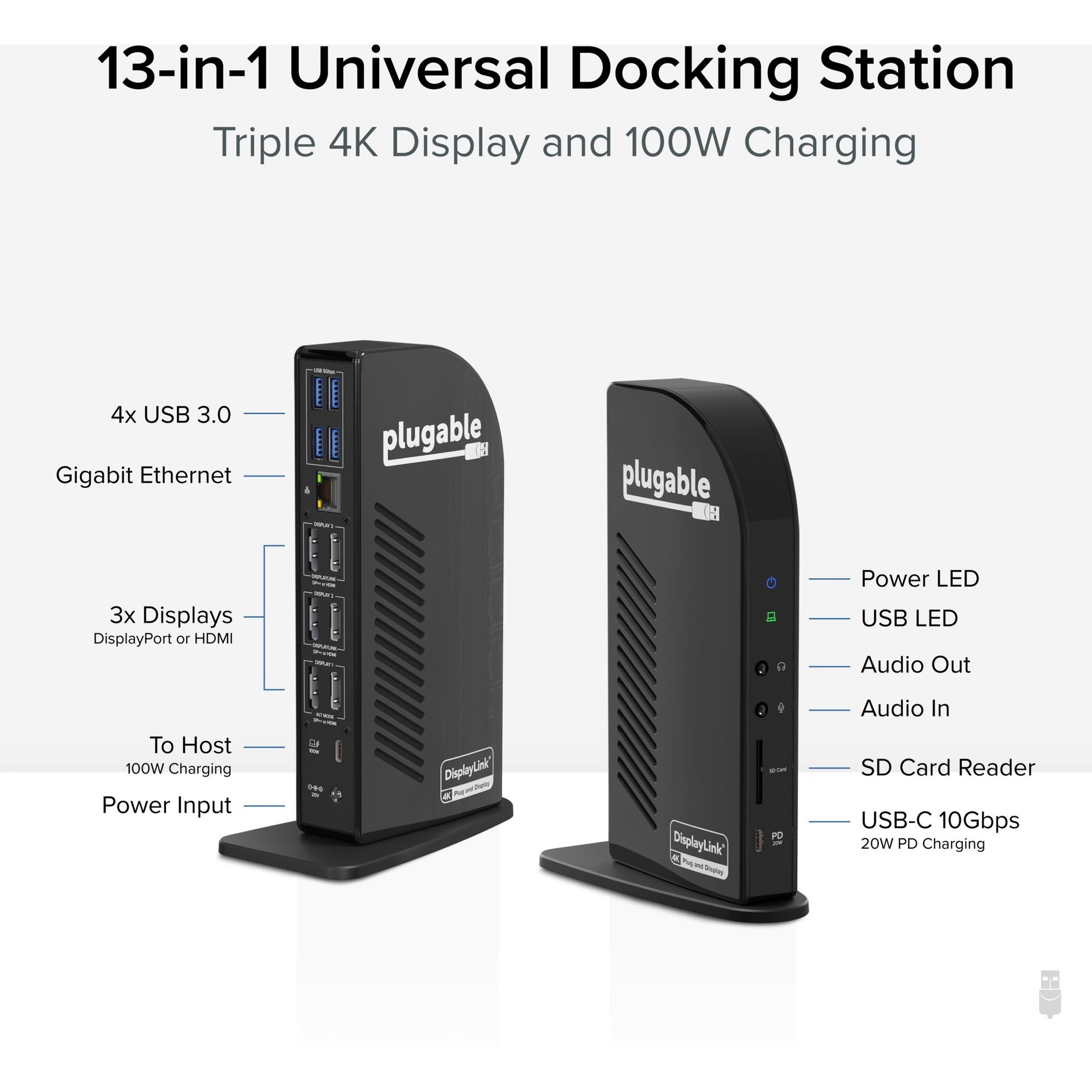 Plugable UD-ULTC4K USB-C Triple 4K Display Docking Station, Triple Monitor with 100W Charging