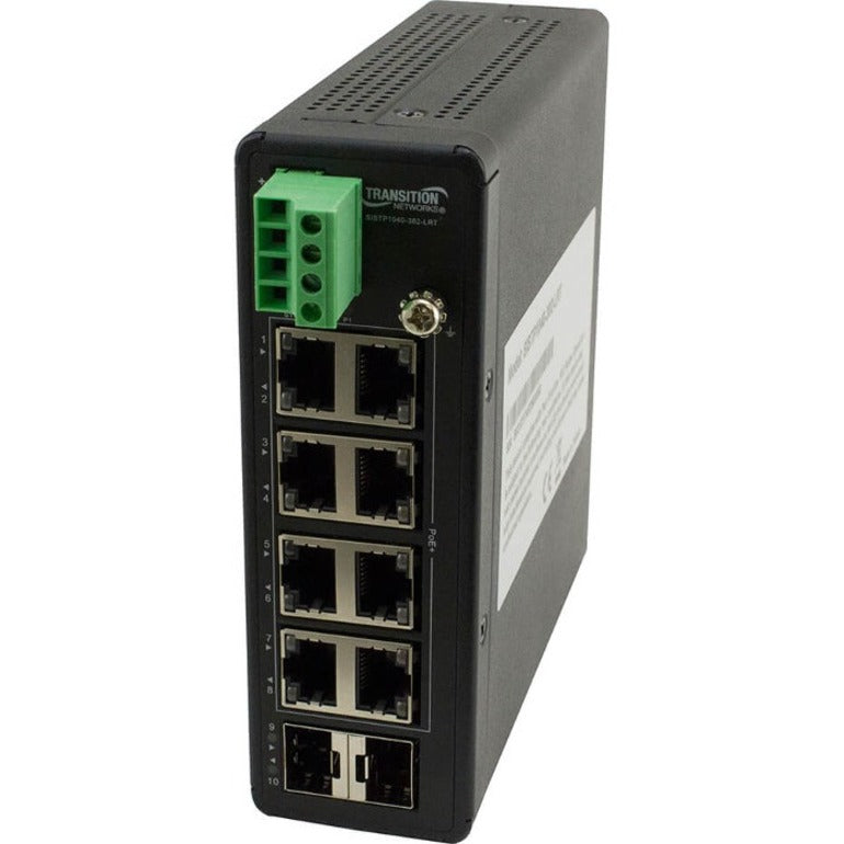 Transition Networks SISTP1040-382-LRT Unmanaged Hardened Gigabit Ethernet PoE+ Switch, 8-Port GE PoE+ 2 SFP 240W PoE