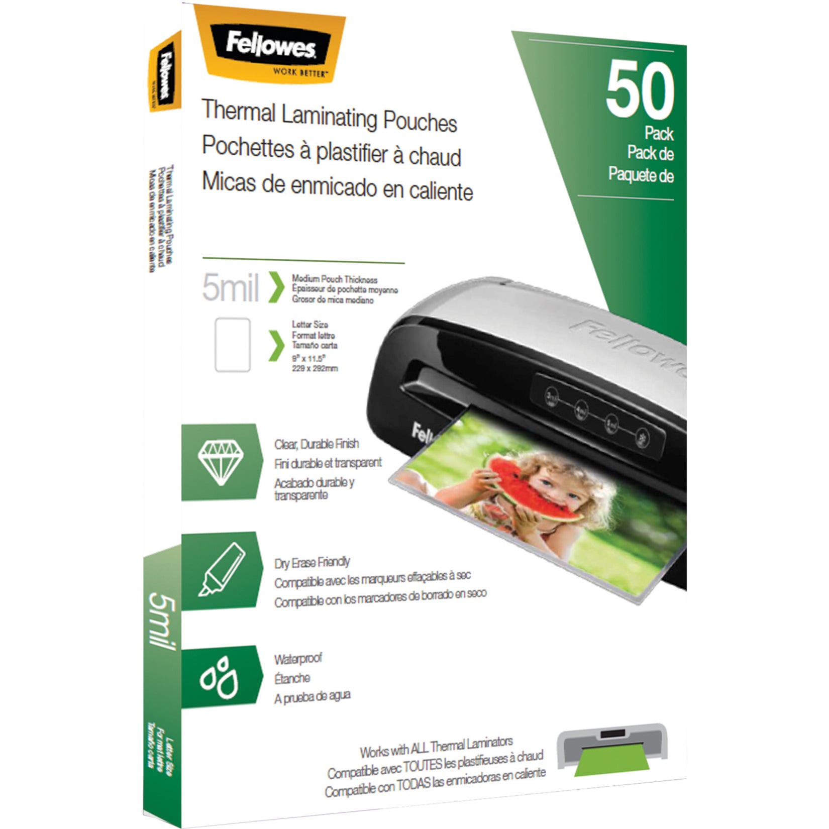Fellowes 5744501 Letter-Size Thermal Laminating Pouches, 5mil, 50/PK, Glossy, Clear