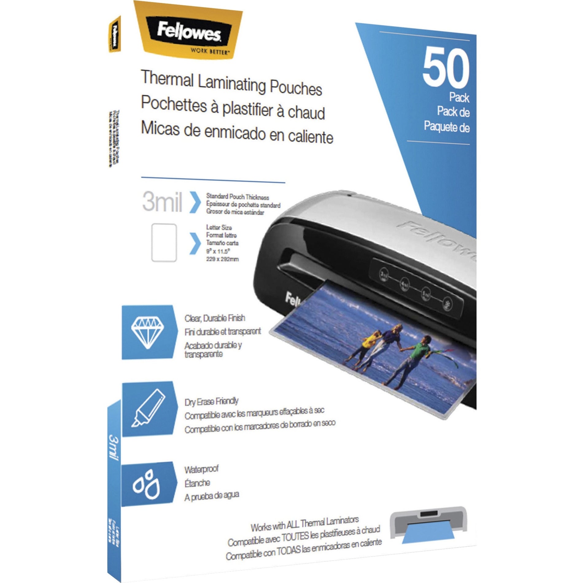 Fellowes 5744301 Letter-Size Thermal Laminating Pouches, 3mil, 50/PK, Glossy, Clear