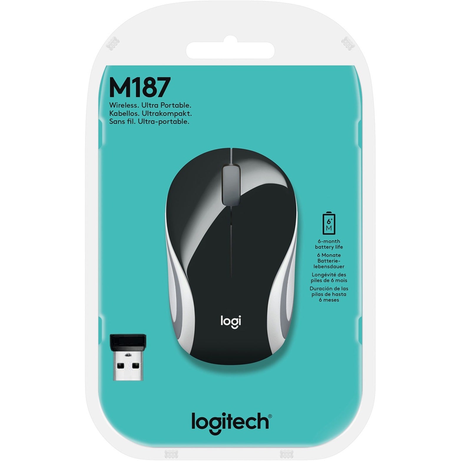 Logitech 910-005459 Wireless Ultra Portable M187 Mouse, 2.4 GHz, 1000 DPI Optical Tracking, 3-Buttons, PC/Mac/Laptop - Black