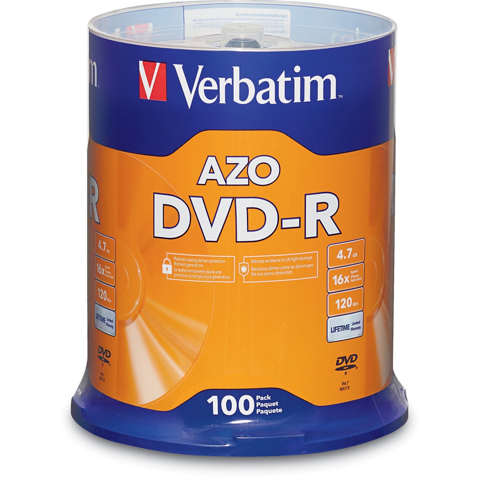 Verbatim 95102 AZO DVD-R 4.7GB 16X with Branded Surface - 100pk Spindle, 120 Minutes