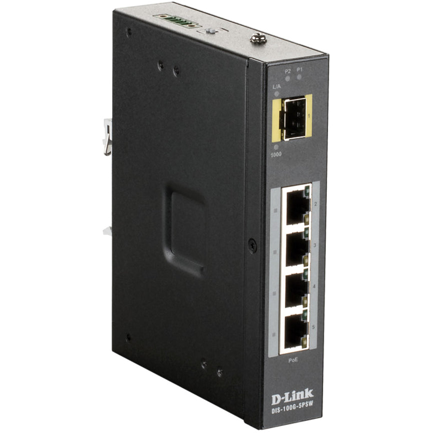 D-Link DIS-100G-5PSW Industrial Gigabit Unmanaged PoE Switch with SFP Slot, 5-Port DIN Rail Mountable