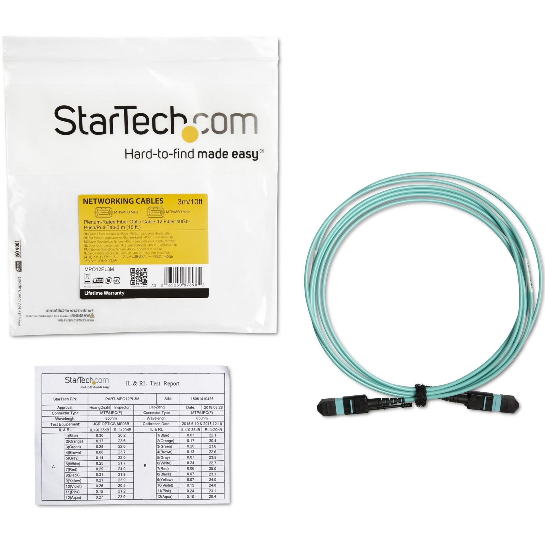 StarTech.com MPO12PL3M Fiber Optic Network Cable, 10 ft - Plenum-Rated MTP to MTP Cable, OM3, 40G MPO Cable