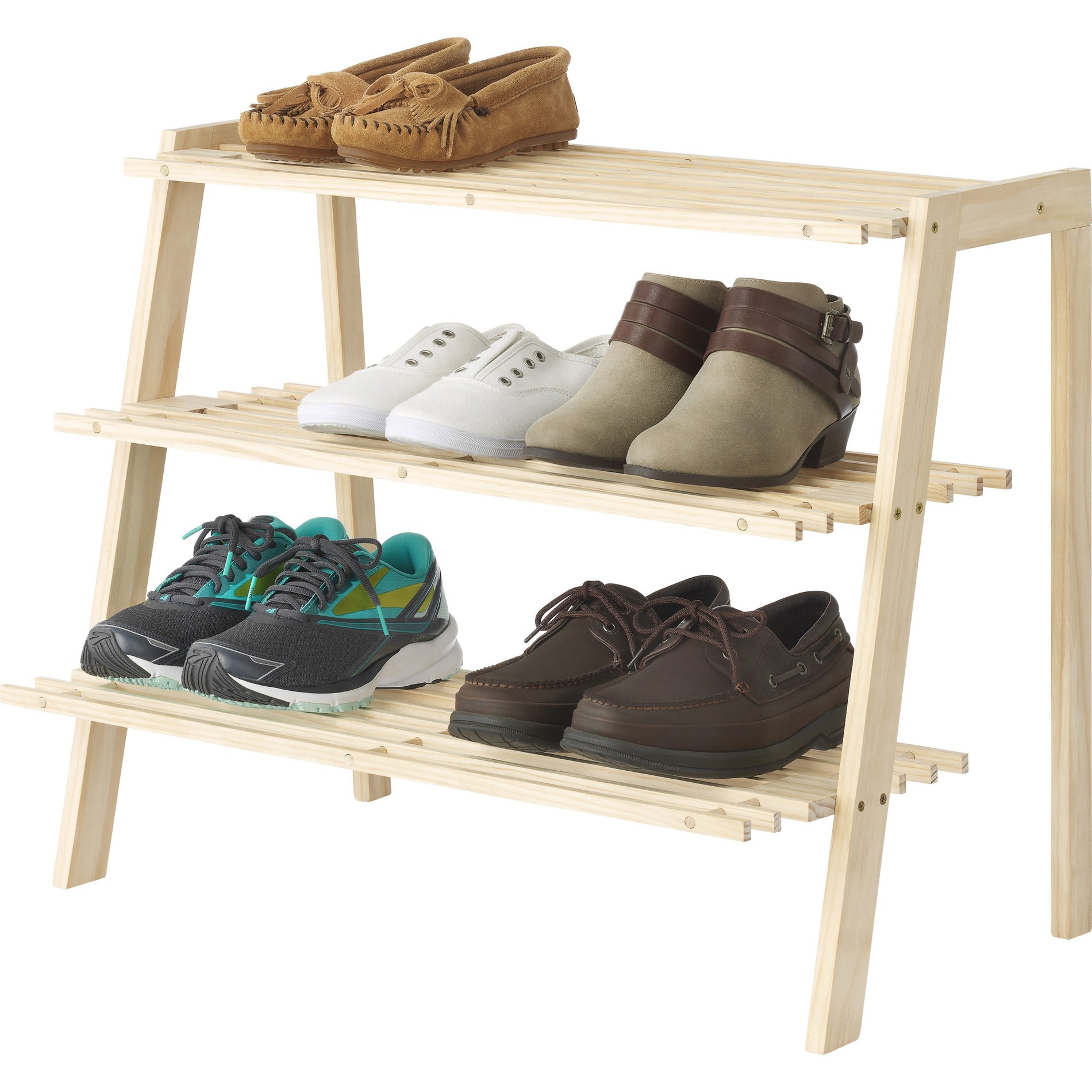 Whitmor 6026-8804 Shoe Rack, 3 Tier Brown Wood, Compact for Dorm Room, Shoes, Clothes, Garage, Apartment