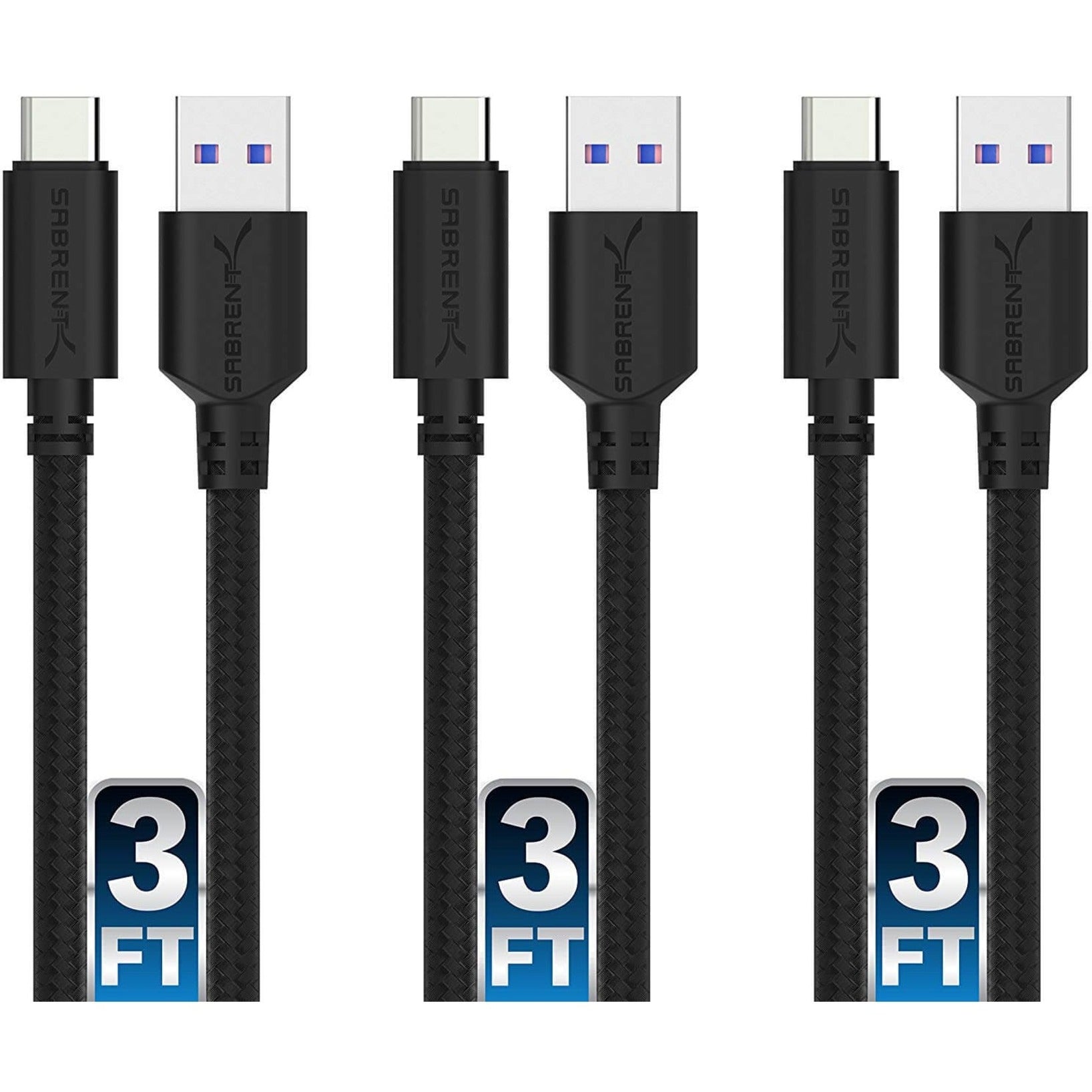 Sabrent CB-C3X3 3-Pack 22AWG Premium 3ft USB-C to USB A 3.0 Sync & Charge Cables, Tear Resistant, Reversible, Charging, Wear Resistant