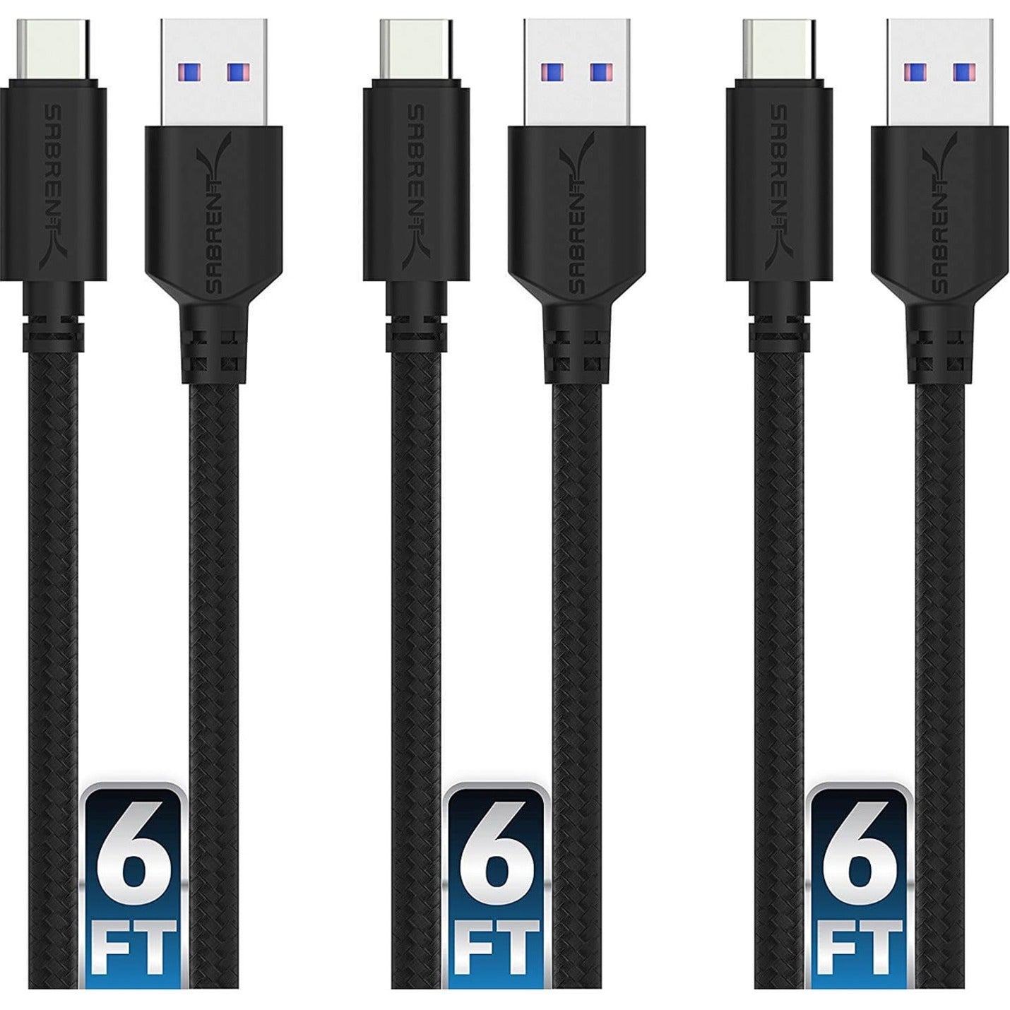 Sabrent CB-C3X6 3-Pack 6ft USB-C to USB A 3.0 Sync & Charge Cables, Tear Resistant, Reversible, Charging, Wear Resistant