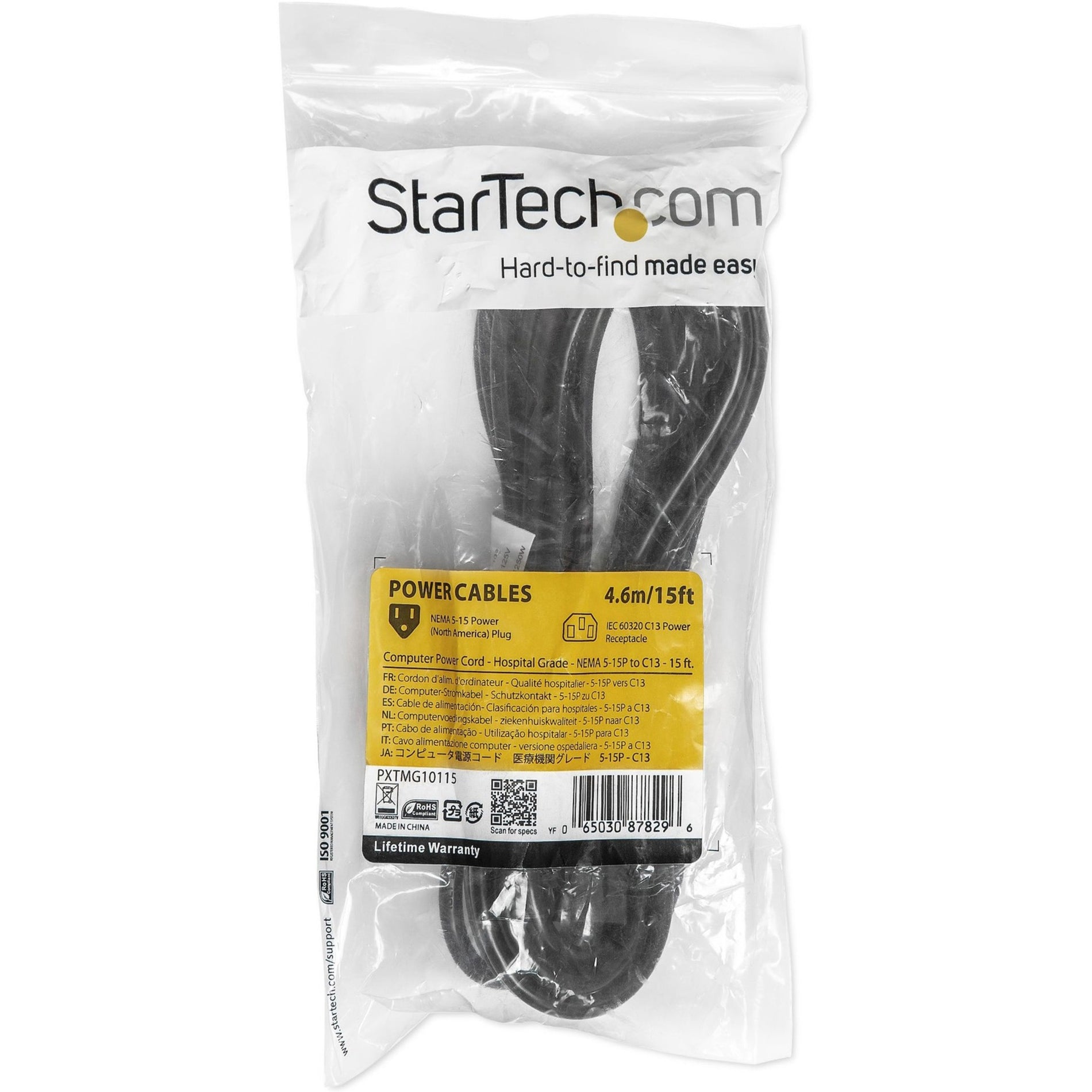 StarTech.com PXTMG10115 Standard Power Cord, 15 ft Hospital Grade Power Cord - NEMA 5-15P to C13 - Monitor Power Cable - Power Supply Cord - Medical Grade Power Cord