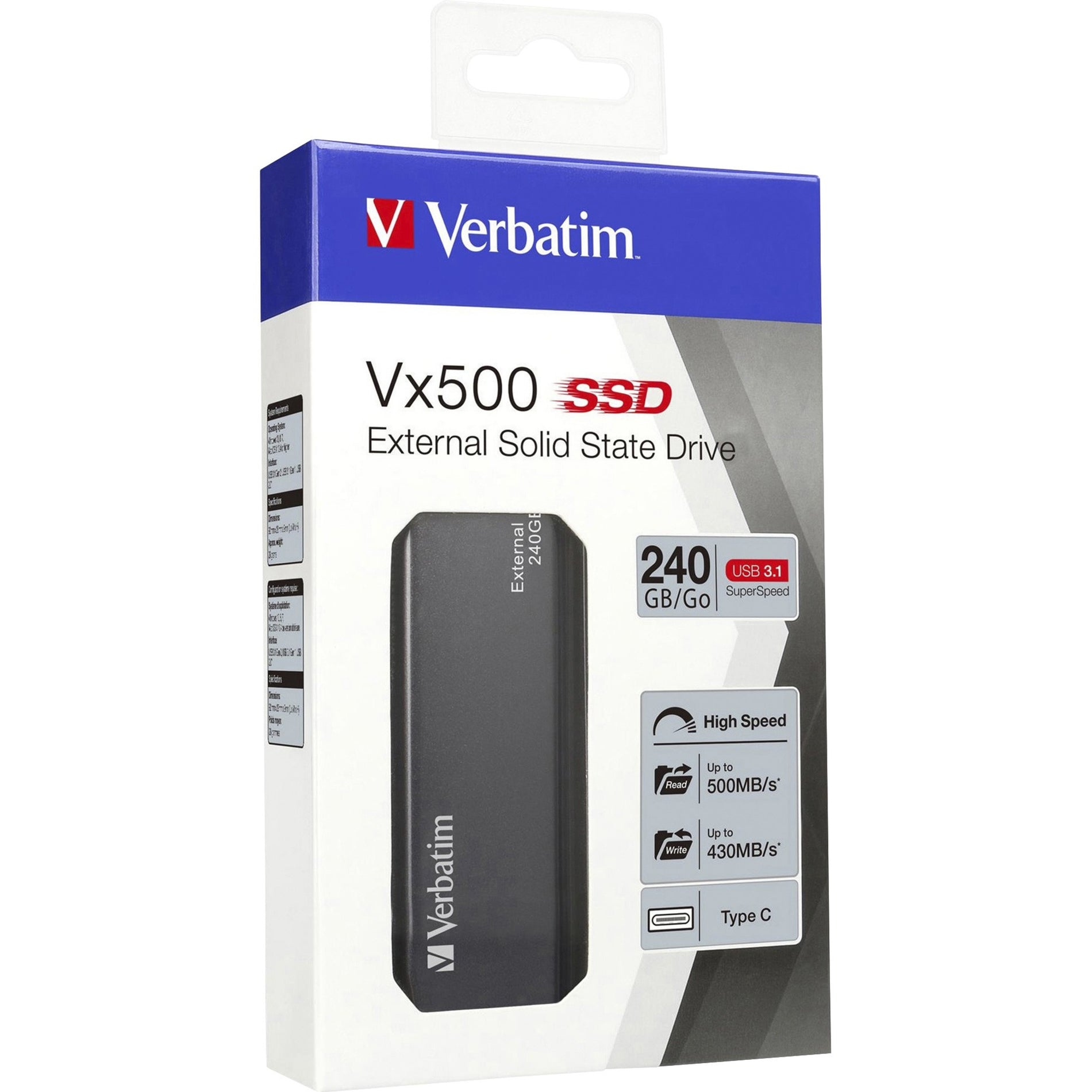 Verbatim 47442 240GB Vx500 External SSD, USB 3.1 Gen 2 - Graphite, Fast Data Transfer, Portable Storage