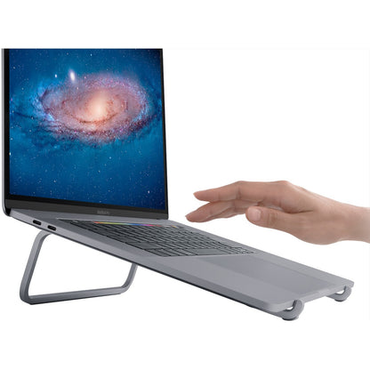 Side view of MacBook Pro on mBar stand with hand reaching for Touch Bar-alternate-image3