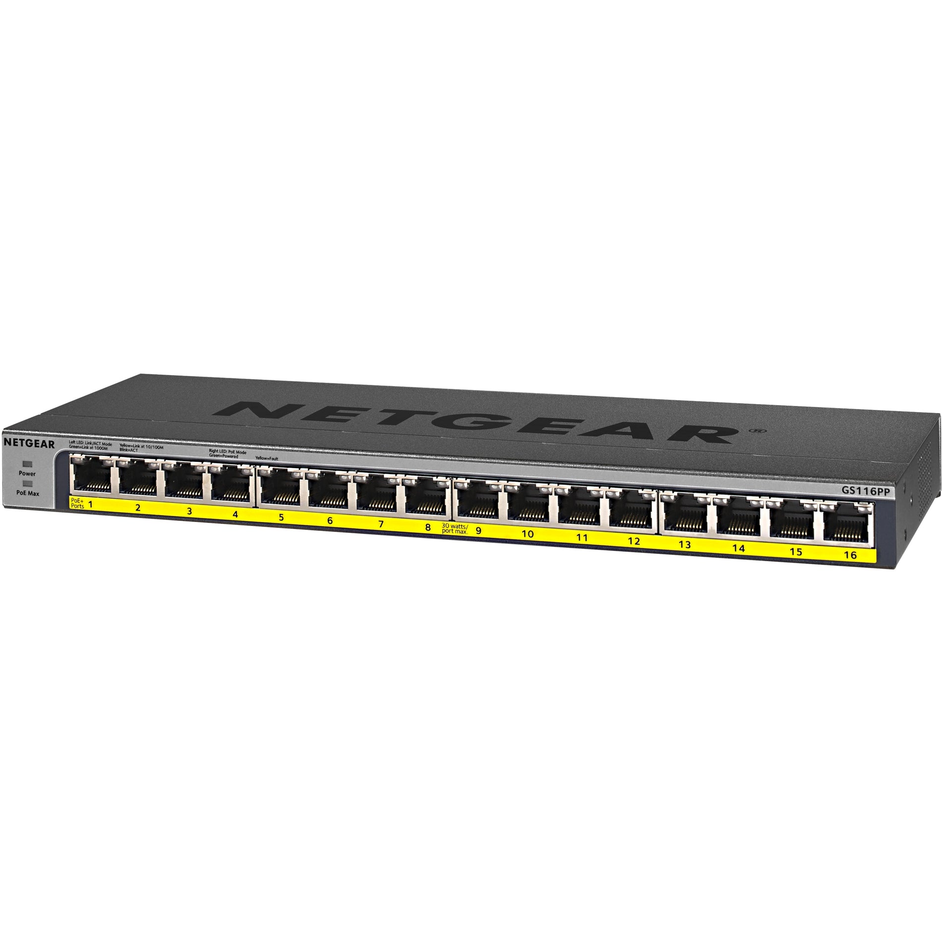 Netgear GS116PP-100NAS ProSafe 16-Port PoE/PoE+ Gigabit Ethernet Unmanaged Switch, 183W Power