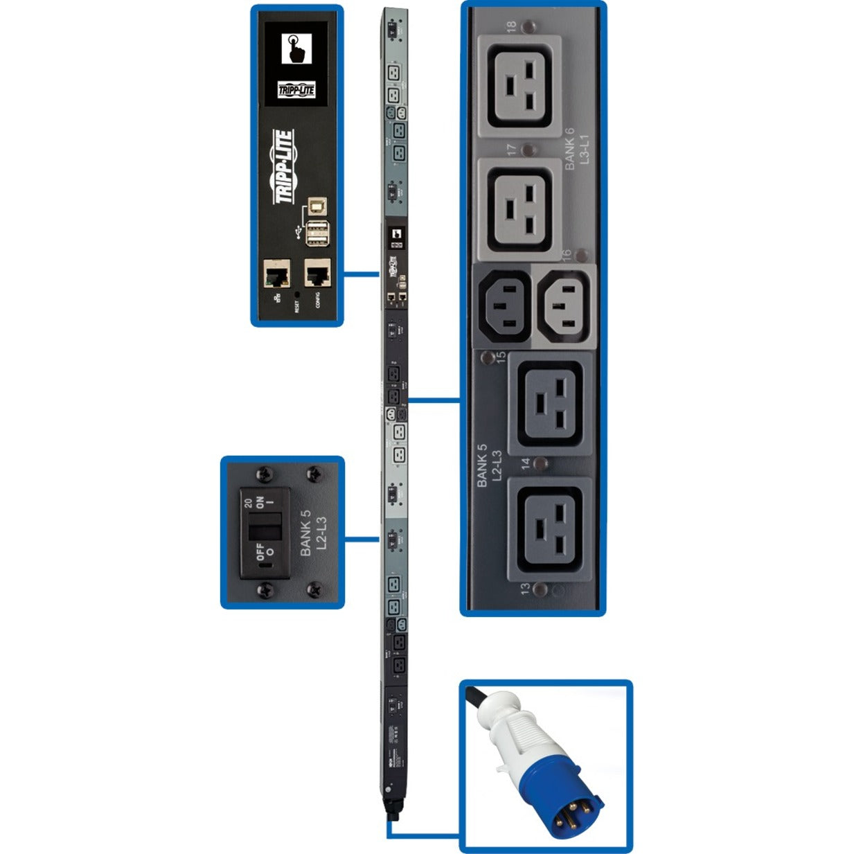 Tripp Lite PDU3EVSR6G60A SWITCHED PDU 16.2KW 3-PHASE, 18-Outlet PDU, Monitored, Overload Protection