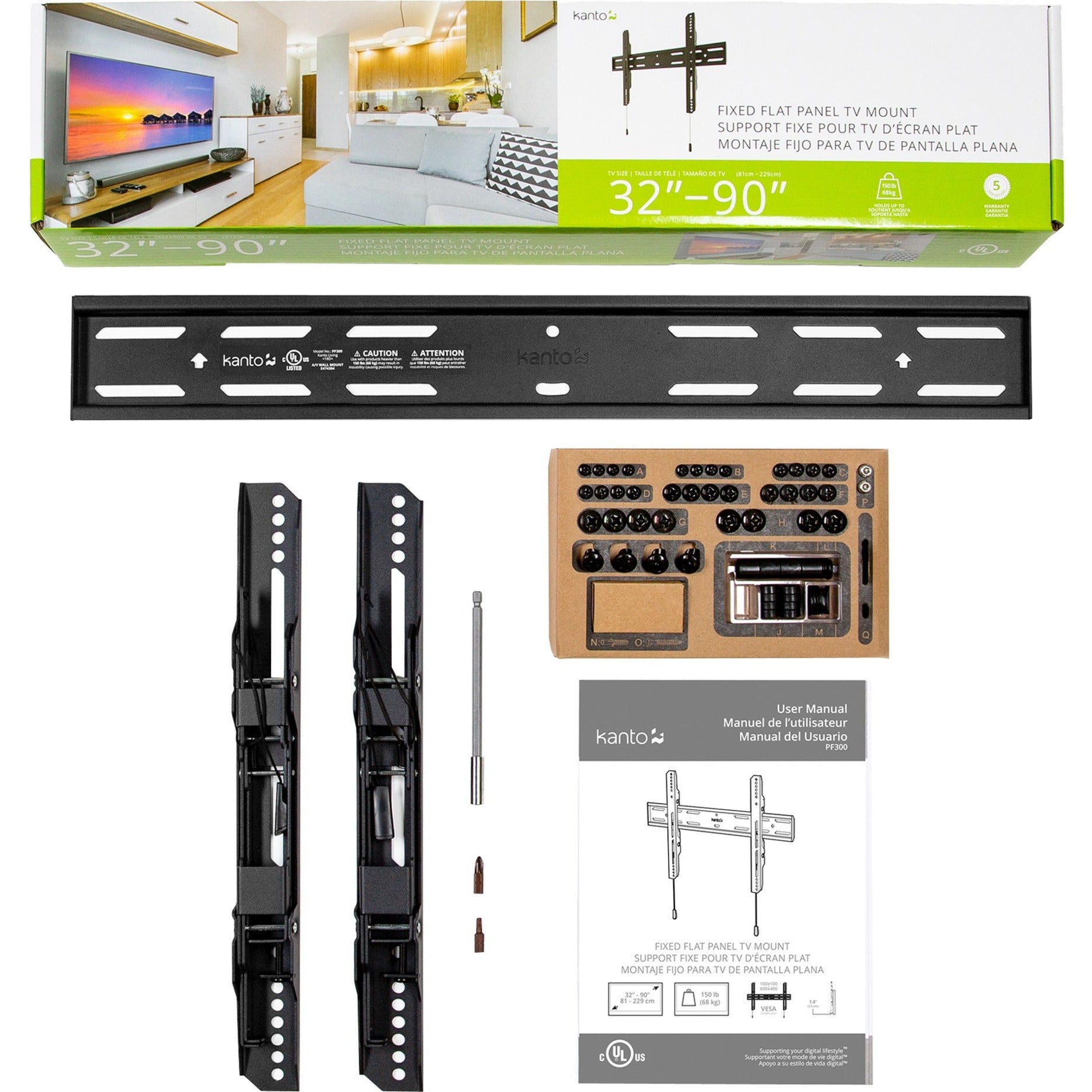 Kanto PF300 Fixed TV Wall Mount for 32" to 90" TVs - Supports 150 lb, Theft Resistant, Lockable, Quick Release Mechanism