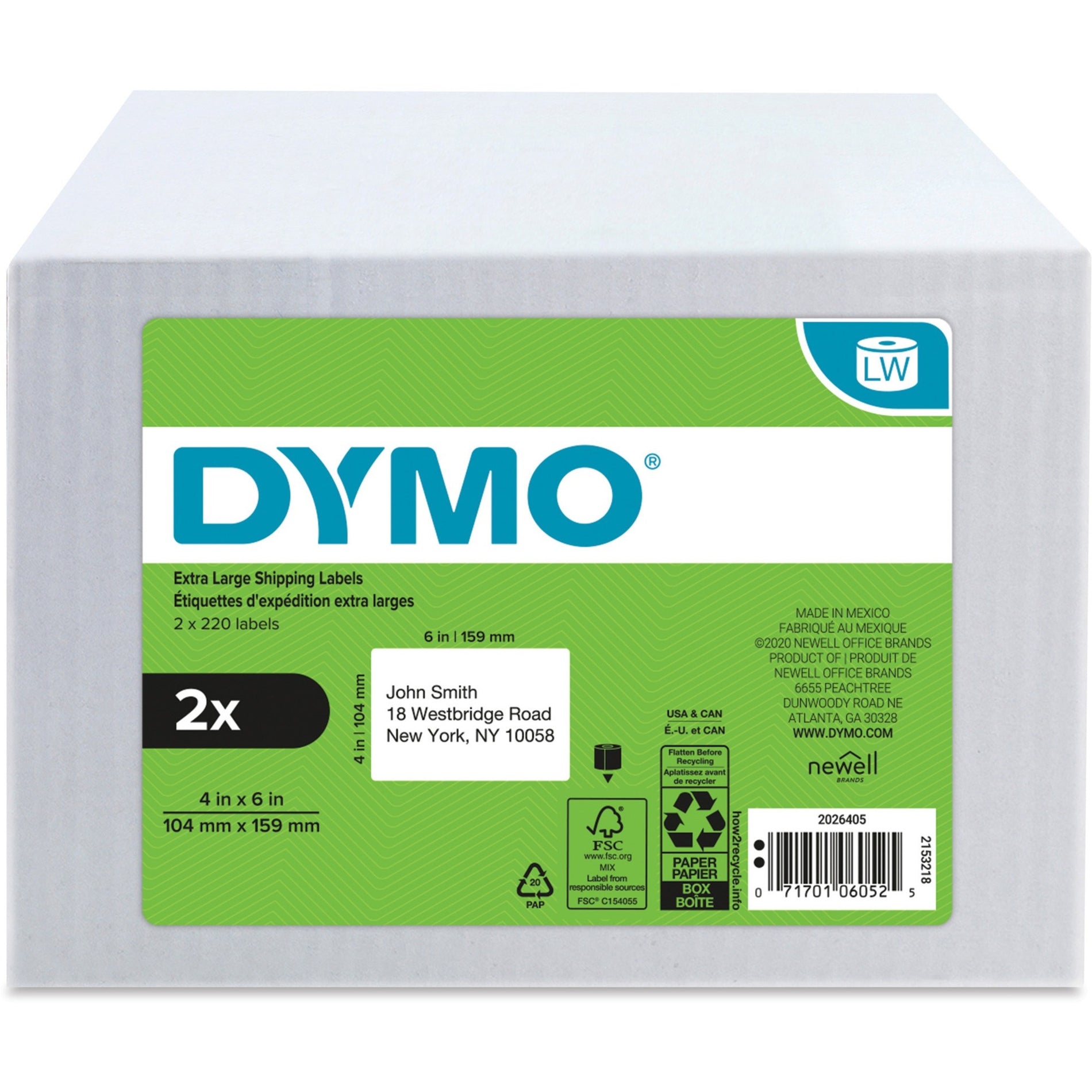 Dymo 2026405 LabelWriter 4XL Label Printer Label Roll, 4" x 6", 220 Labels, White