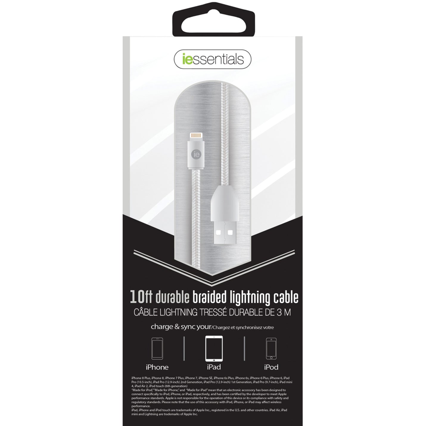 iEssentials IEN-BC10L-WT Lightning/USB Data Transfer Cable, 10 ft Charging and Reversible, White