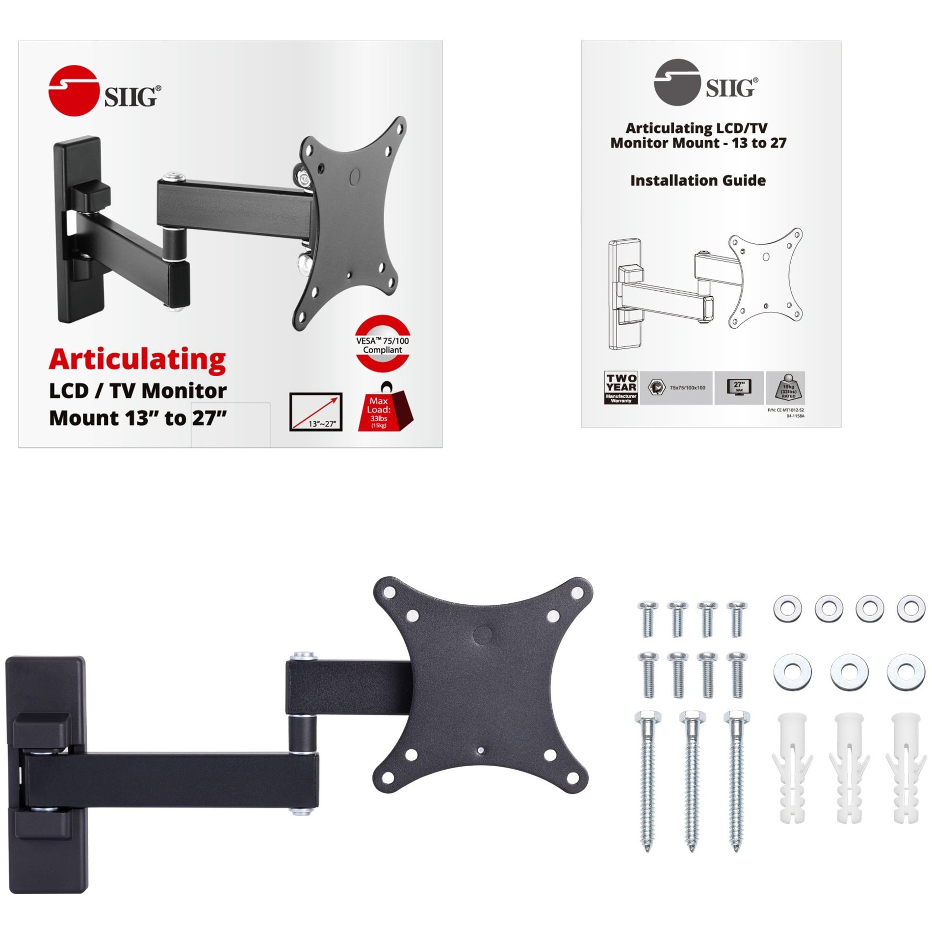 SIIG CE-MT1B12-S2 Articulating LCD/TV Monitor Mount - 13" to 27", Dual-Arm Wall-Mount for TVs and LCD Monitors, 33 lb Load Capacity