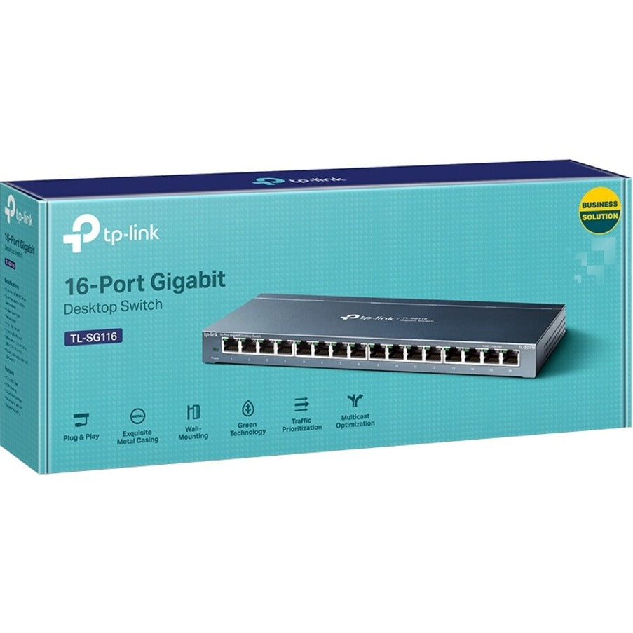 TP-Link TL-SG116 16-Port Gigabit Desktop Switch, 16 Gigabit RJ45 Ports, Steel Case