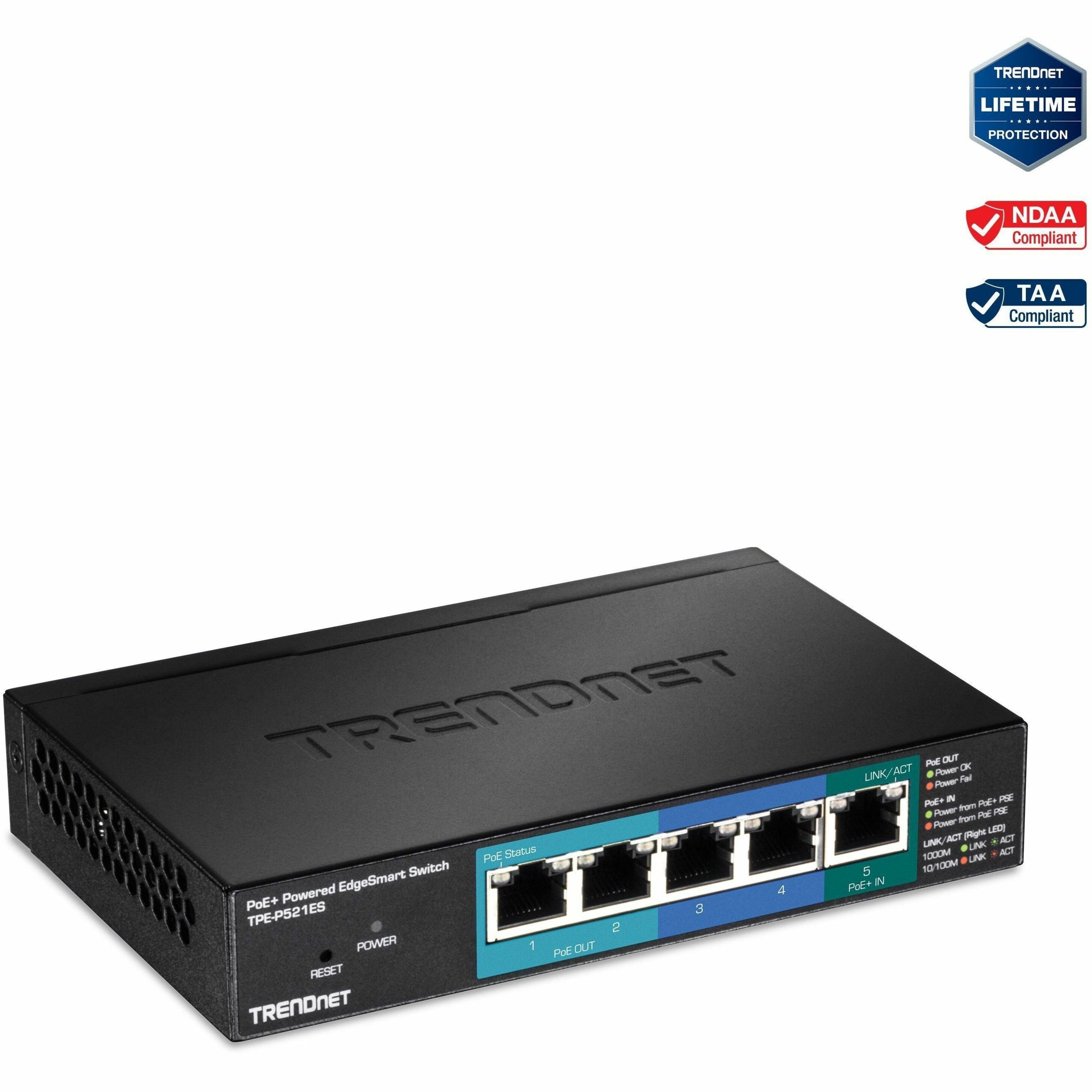 TRENDnet TPE-P521ES 5-Port Gigabit PoE+ Powered EdgeSmart Switch with PoE Pass Through, 18W PoE Budget, 10Gbps Switching Capacity