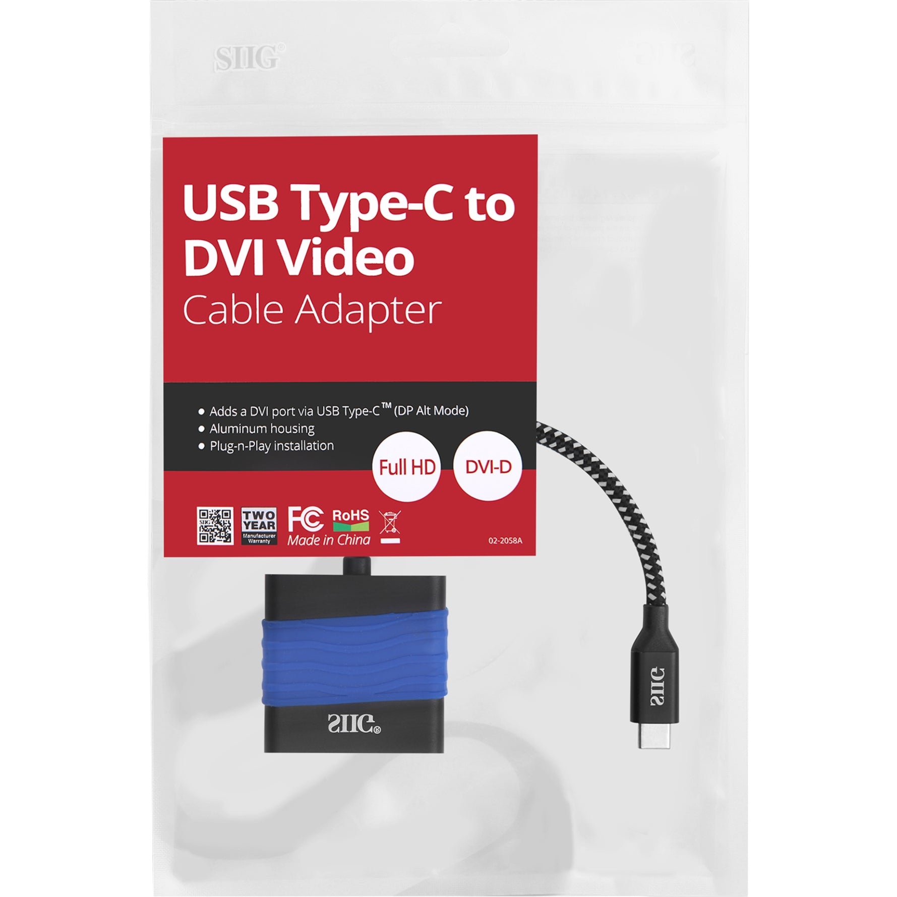 SIIG CB-TC0711-S1 USB Type-C to DVI Video Cable Adapter, Connect Your USB-C Device to a DVI Monitor