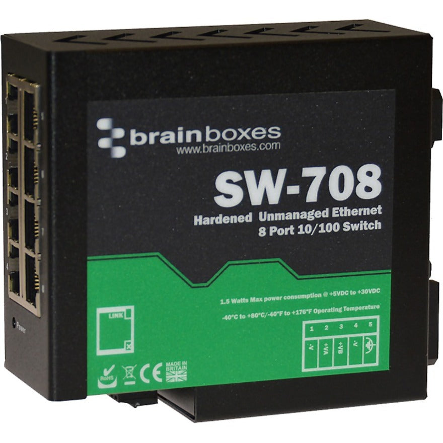 Brainboxes SW-708 Hardened Industrial Ethernet 8 Port Switch, DIN Rail Mountable, -40F to +176F Temperature Range