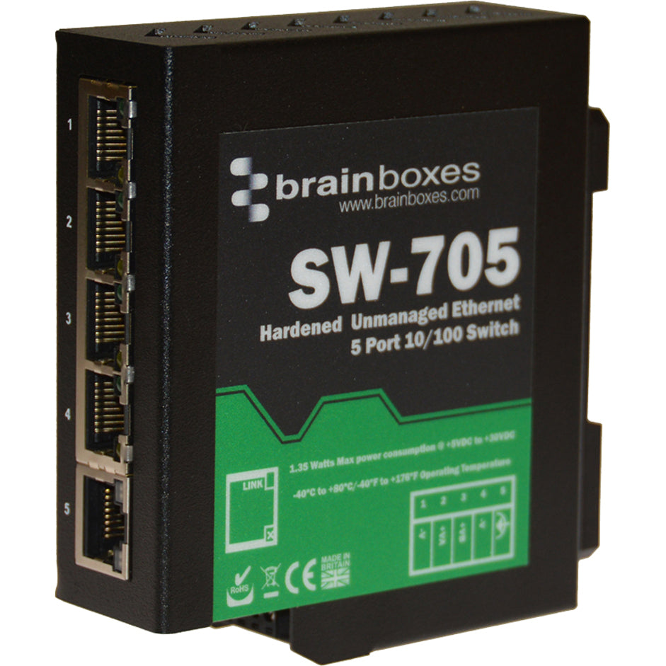 Brainboxes SW-705 Industrial Hardened Ethernet 5 Port Switch, DIN Rail Mountable