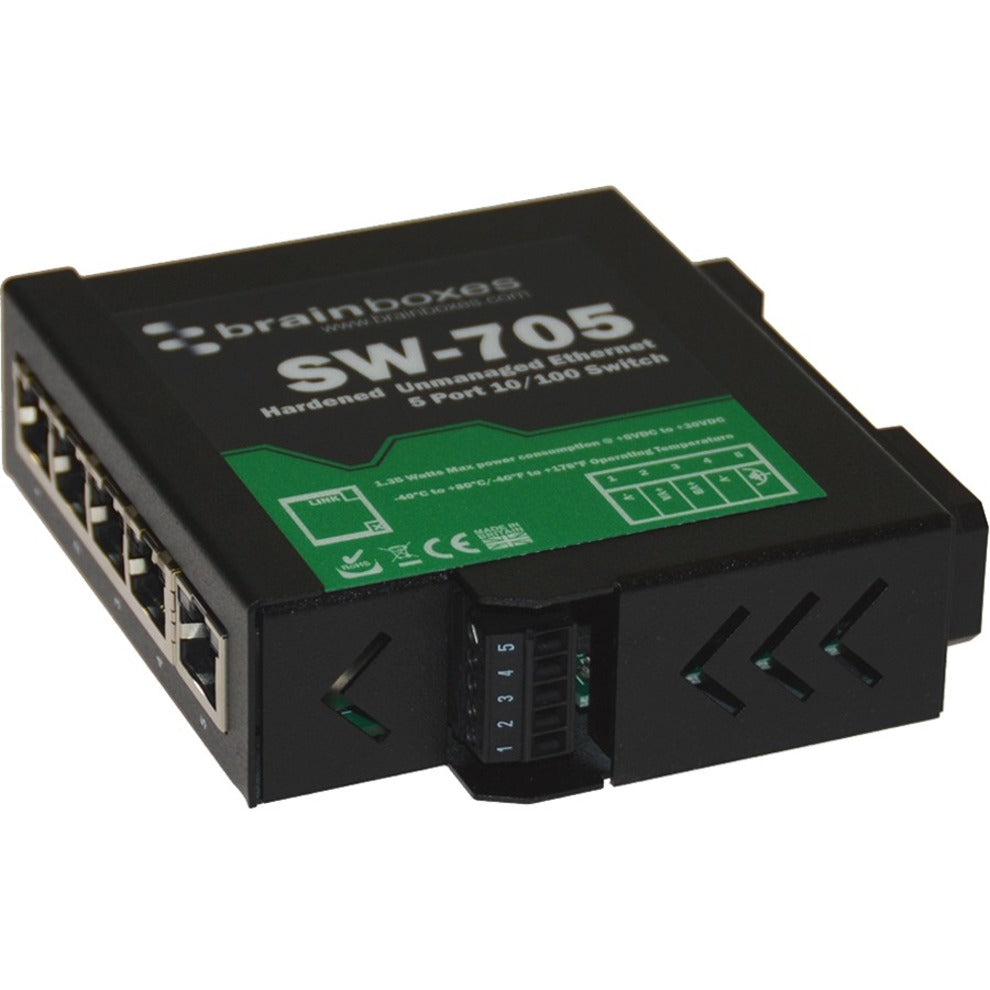 Brainboxes SW-705 Industrial Hardened Ethernet 5 Port Switch, DIN Rail Mountable
