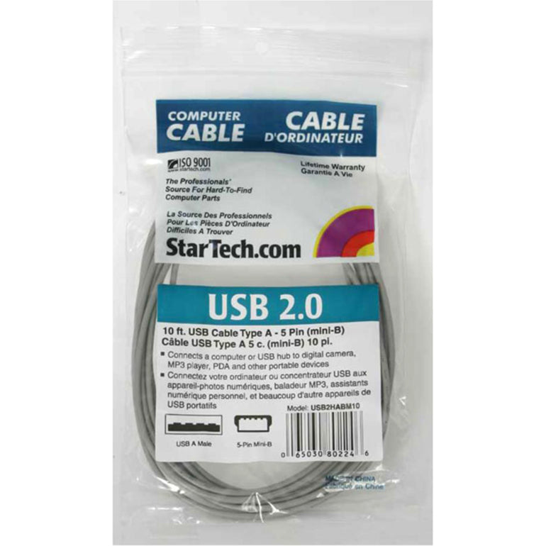 StarTech.com USB2HABM10 USB 2.0 Cable - USB A to Mini B, 10 ft, Gray