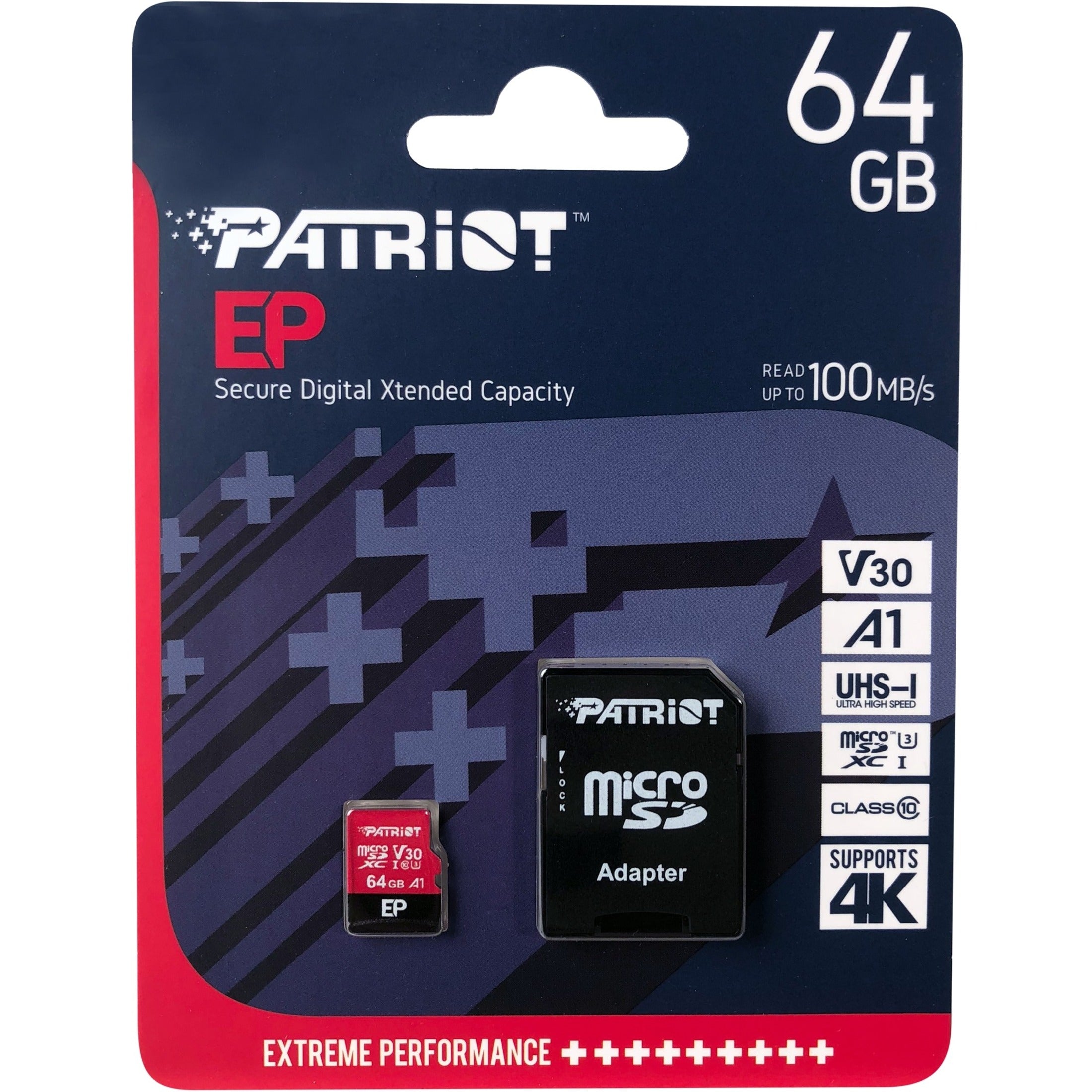 Patriot Memory PEF64GEP31MCX EP Series 64GB microSDXC V30 A1, 64GB Storage Capacity, Class 10/UHS-I (U3), 100 MB/s Read Speed, 80 MB/s Write Speed