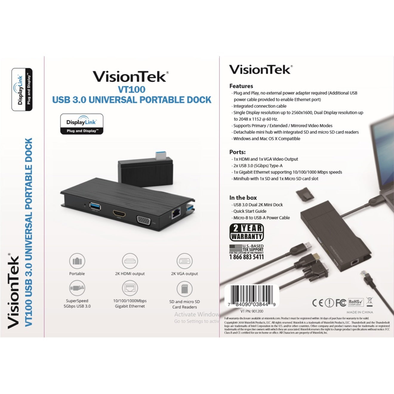 VisionTek 901200 VT100 Dual Display Universal USB 3.0 Docking Station, 2 Year Warranty, Windows, macOS, ChromeOS Compatible