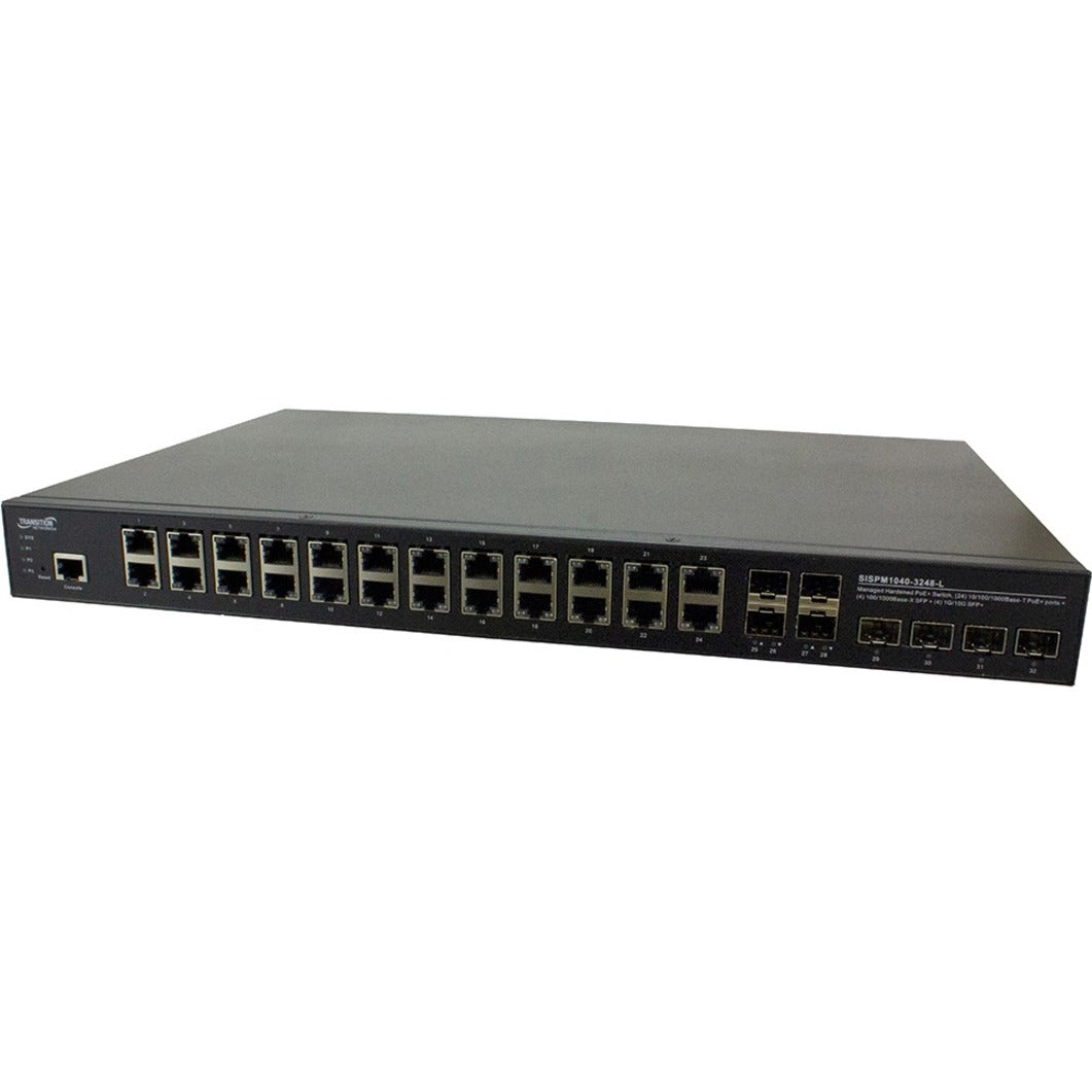Transition Networks SISPM1040-3248-L Managed Hardened Gigabit Ethernet PoE+ Rack Mountable Switch, 24 Port, 4x 10Gigabit Ethernet Expansion Slot, 4x Gigabit Ethernet Expansion Slot