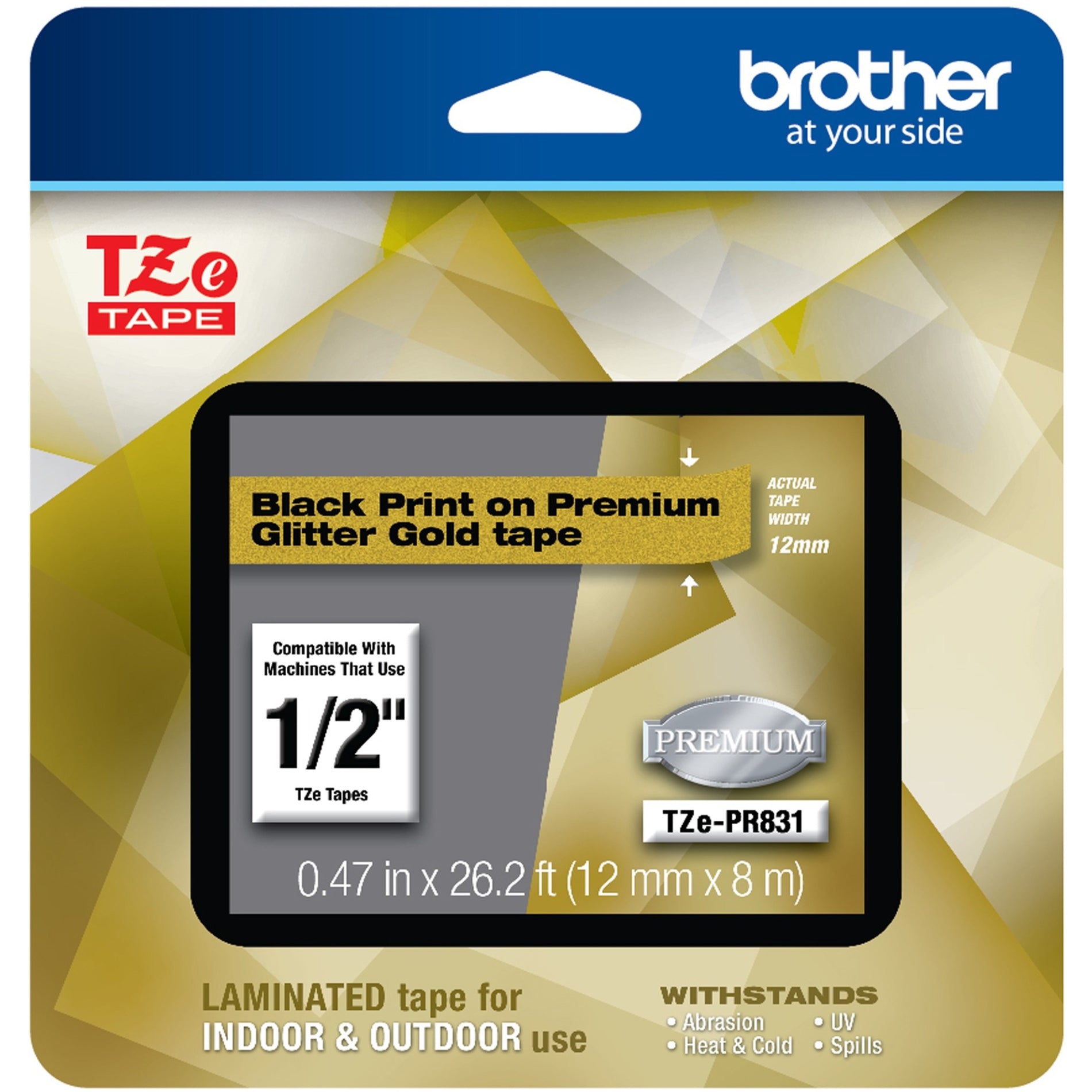 Brother TZePR831 TZe Premium Glitter Laminated Tape - 12mm, Durable, Easy Peel, Fade Resistant, Temperature Resistant, Strong